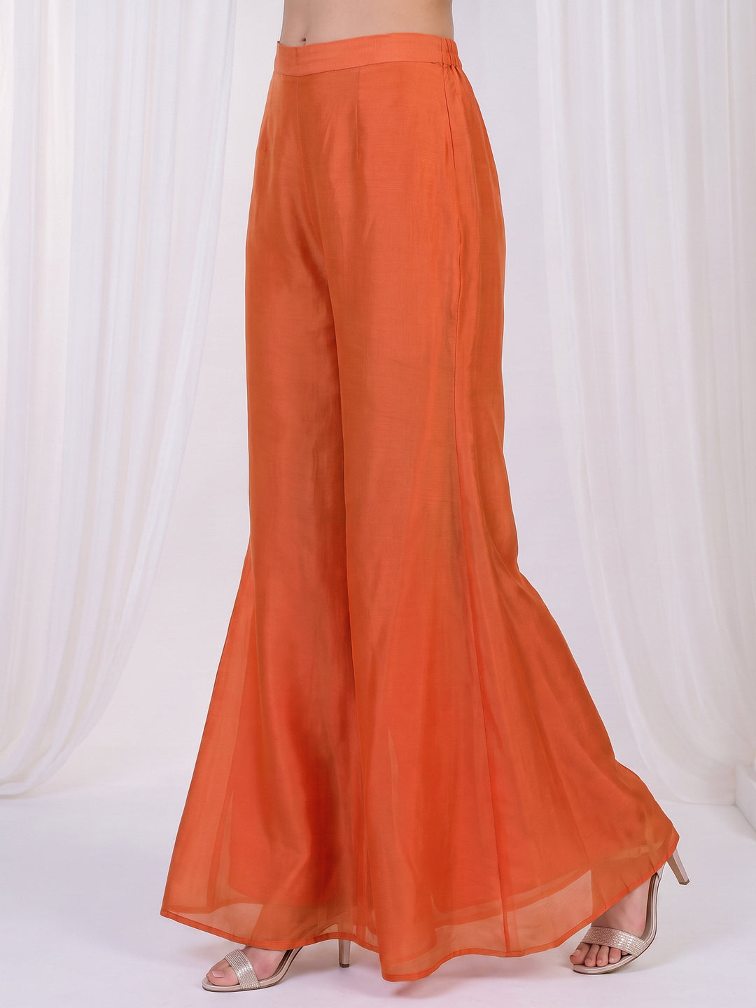  Libas Orange Floral Embellished Chinon Palazzo Suit Set 