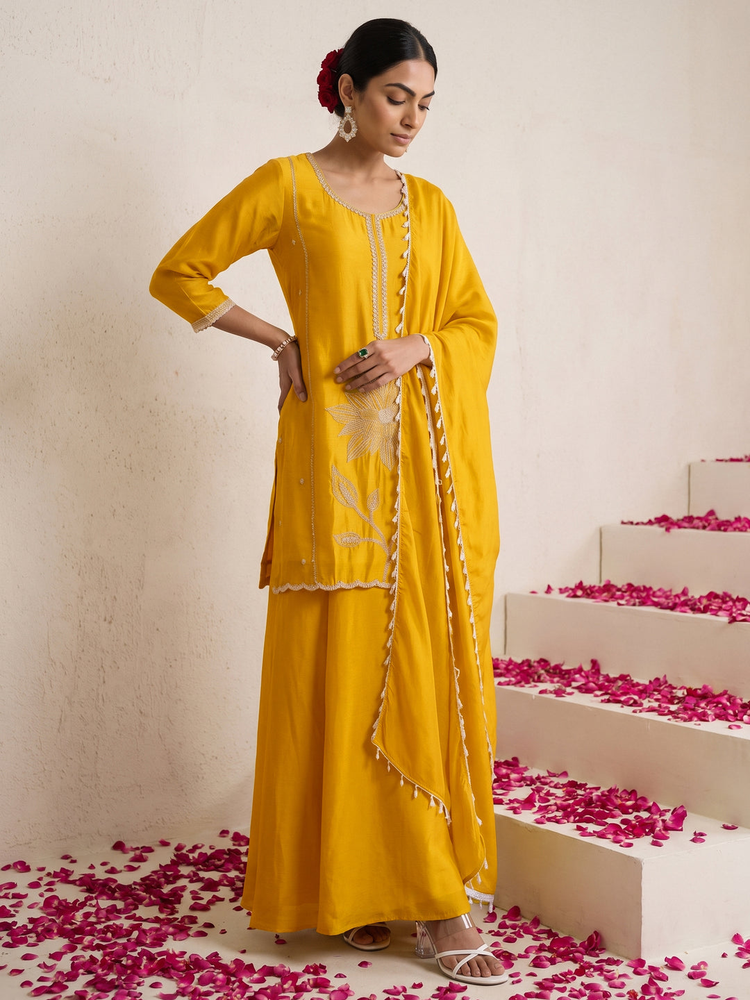  Libas Mustard Floral Embellished Chinon Palazzo Suit Set 