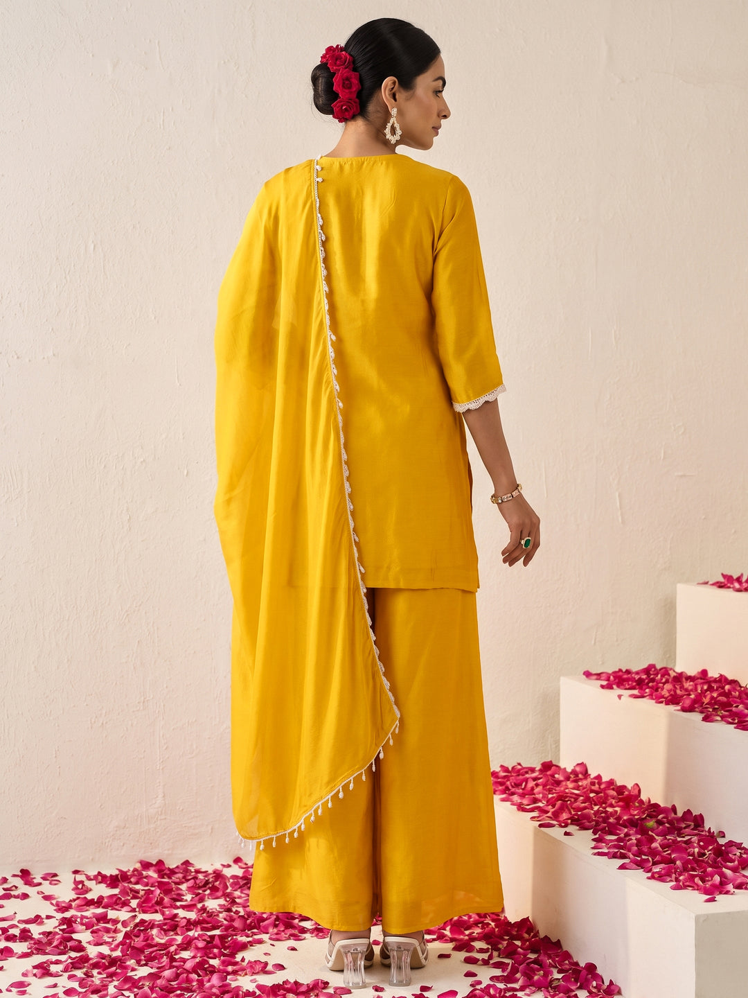  Libas Mustard Floral Embellished Chinon Palazzo Suit Set 