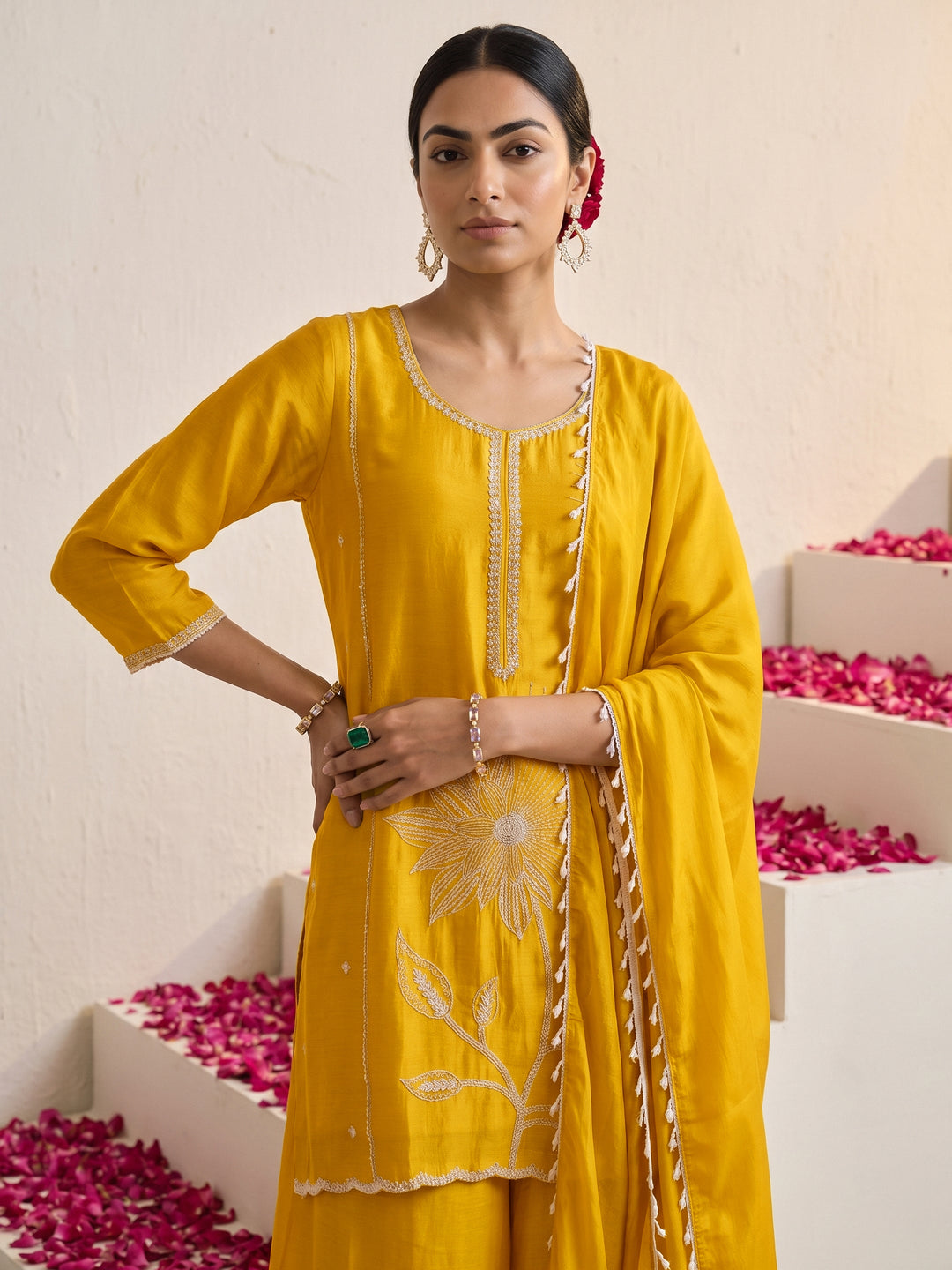  Libas Mustard Floral Embellished Chinon Palazzo Suit Set 