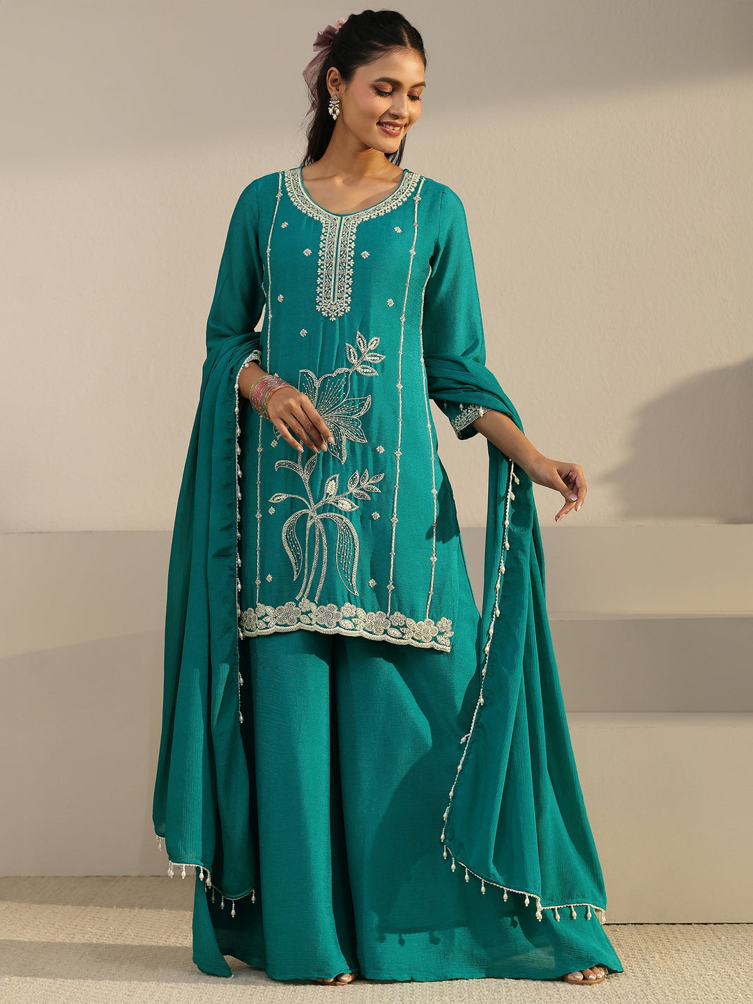  Libas Bright Teal Blue Floral Embellished Chinon Palazzo Suit Set 