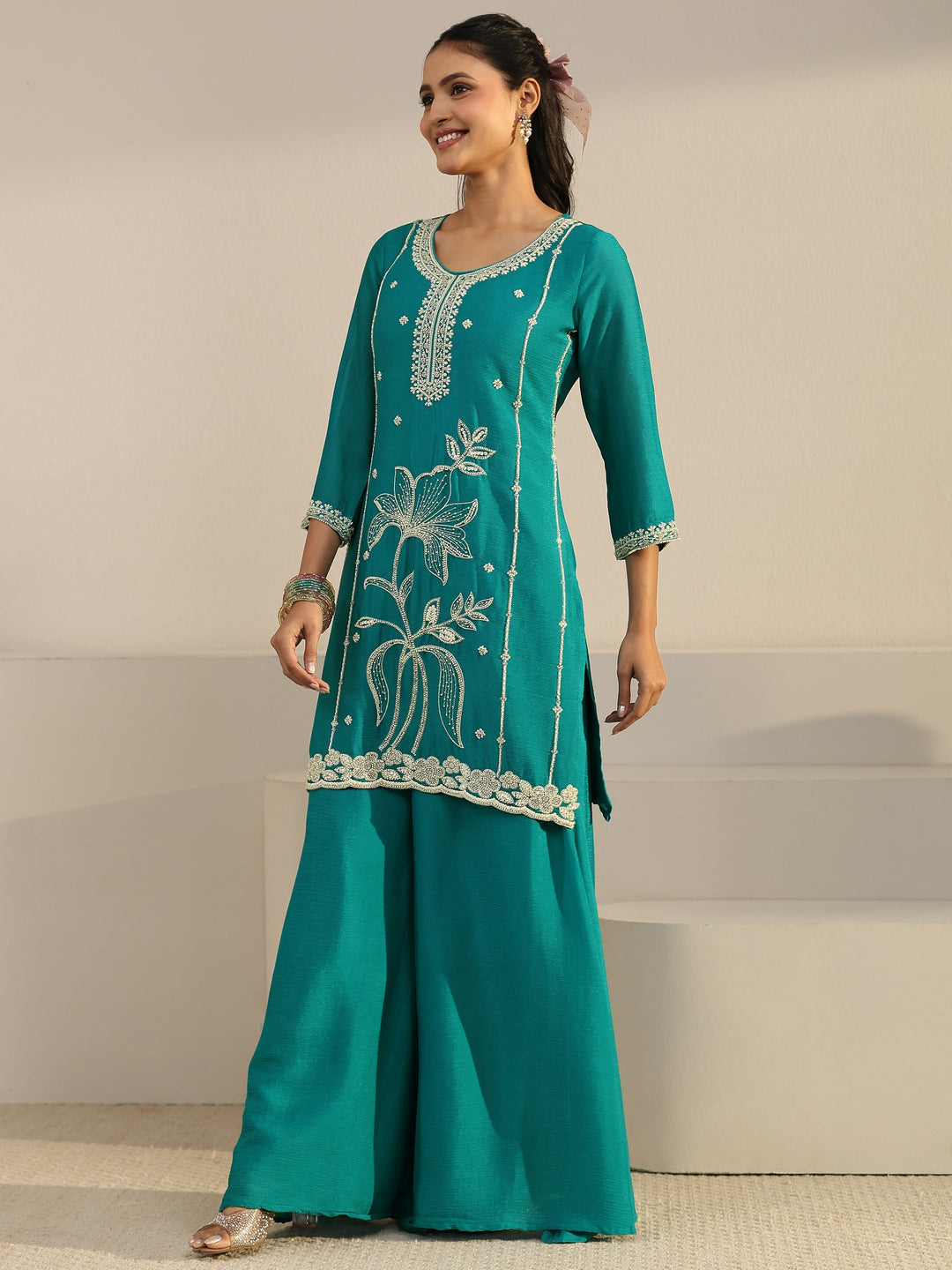  Libas Bright Teal Blue Floral Embellished Chinon Palazzo Suit Set 