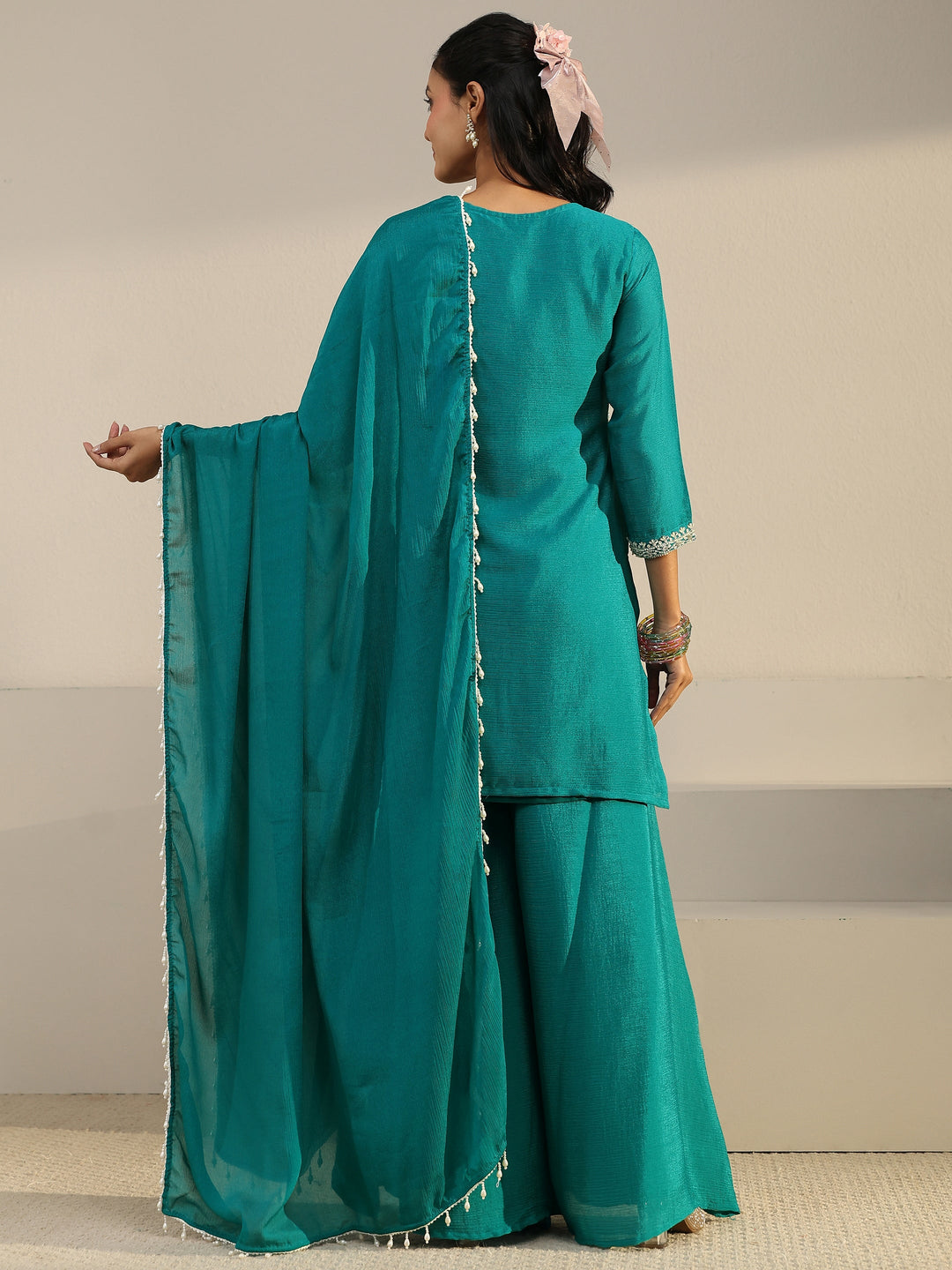  Libas Bright Teal Blue Floral Embellished Chinon Palazzo Suit Set 