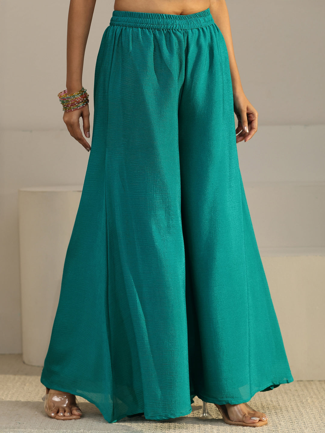  Libas Bright Teal Blue Floral Embellished Chinon Palazzo Suit Set 