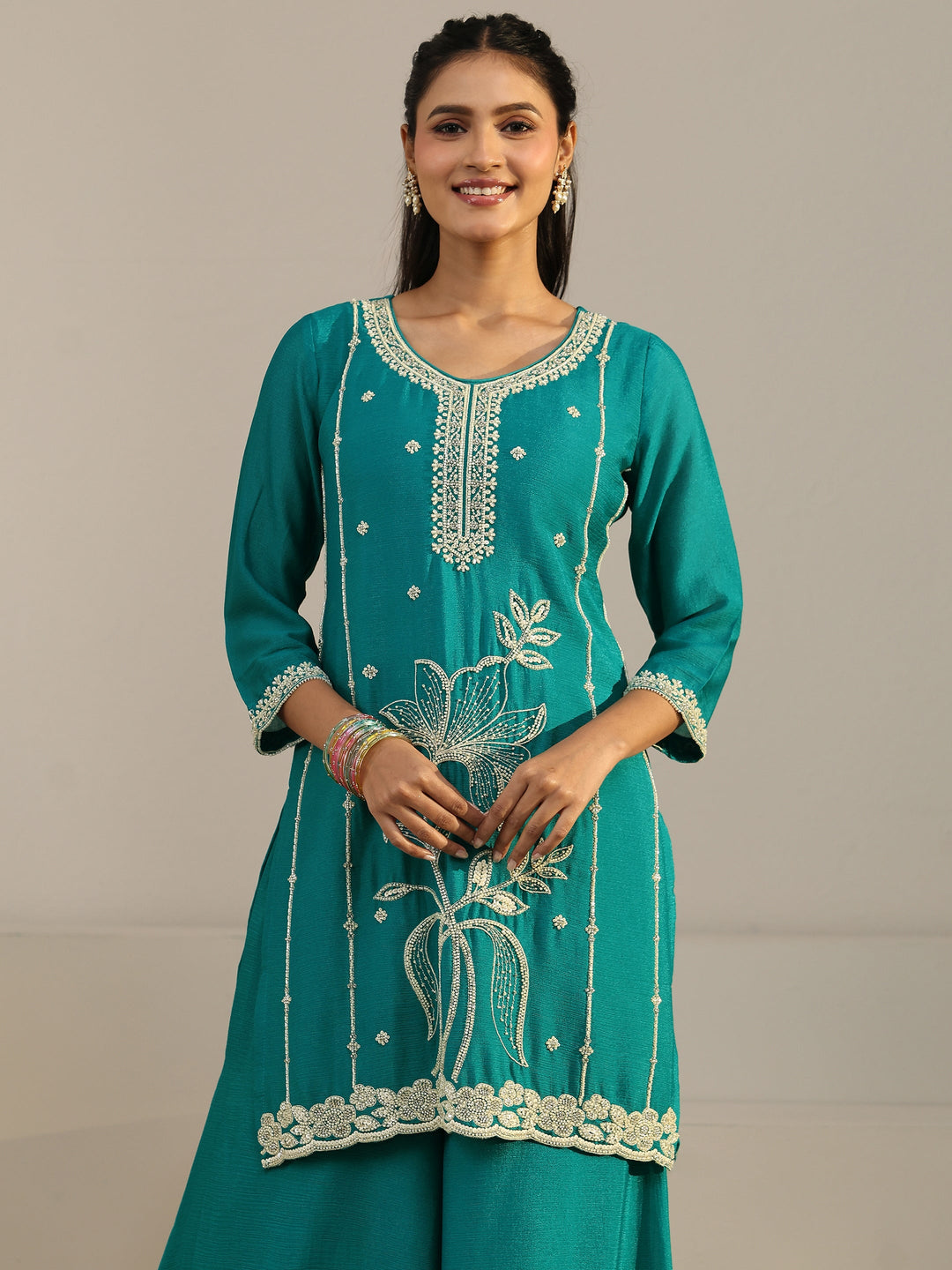  Libas Bright Teal Blue Floral Embellished Chinon Palazzo Suit Set 