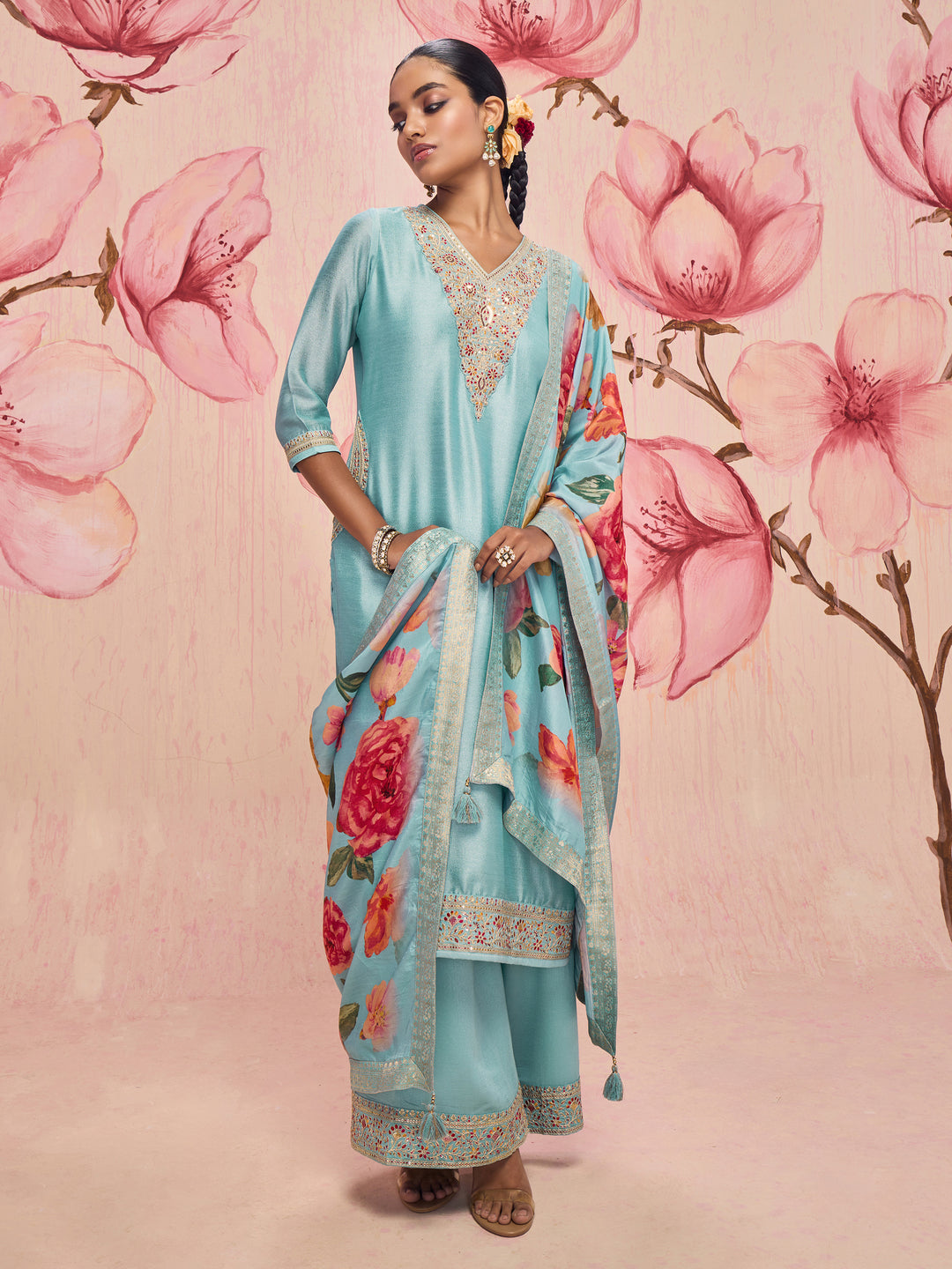 Libas Mridula Blue Embellished Silk Blend Straight Suit Set