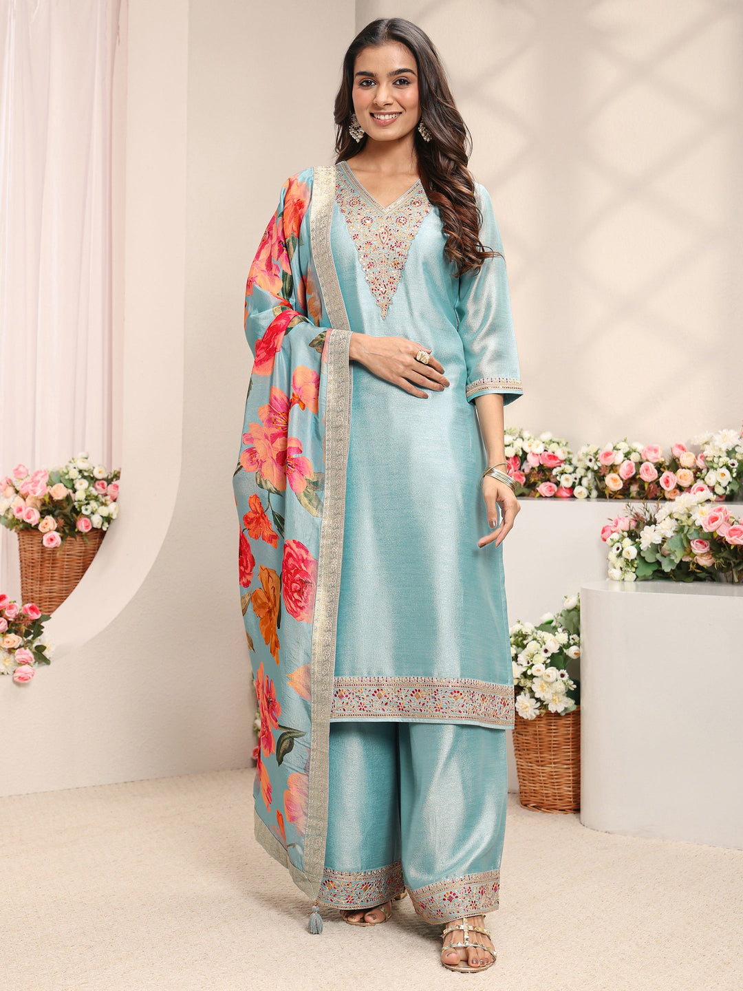  Blue Embroidered Silk Blend Straight Suit Set With Printed Dupatta 
