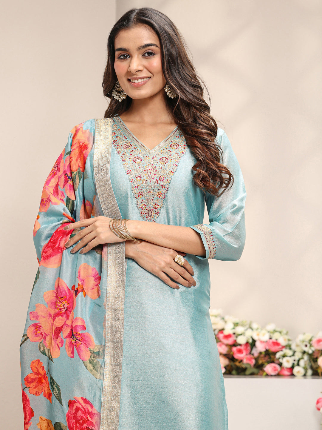  Blue Embroidered Silk Blend Straight Suit Set With Printed Dupatta 