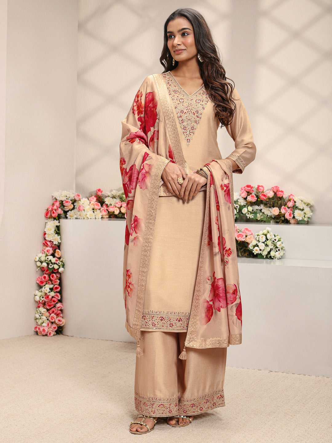  Beige Embroidered Silk Blend Straight Suit Set With Printed Dupatta 