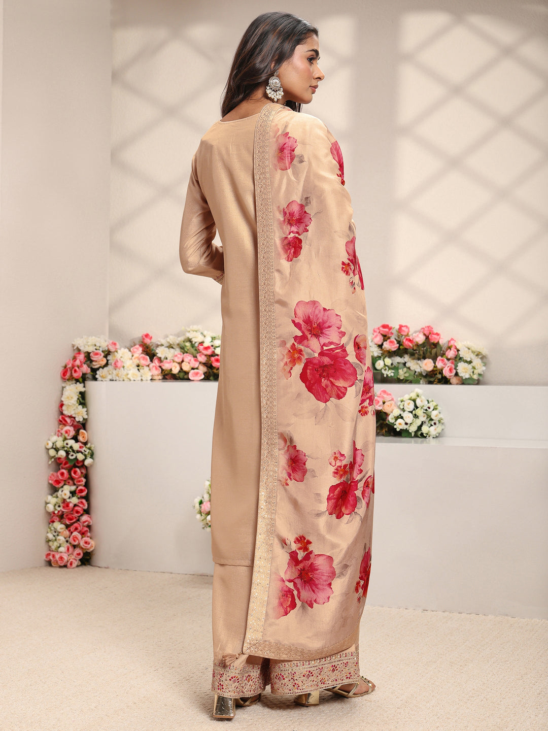  Beige Embroidered Silk Blend Straight Suit Set With Printed Dupatta 