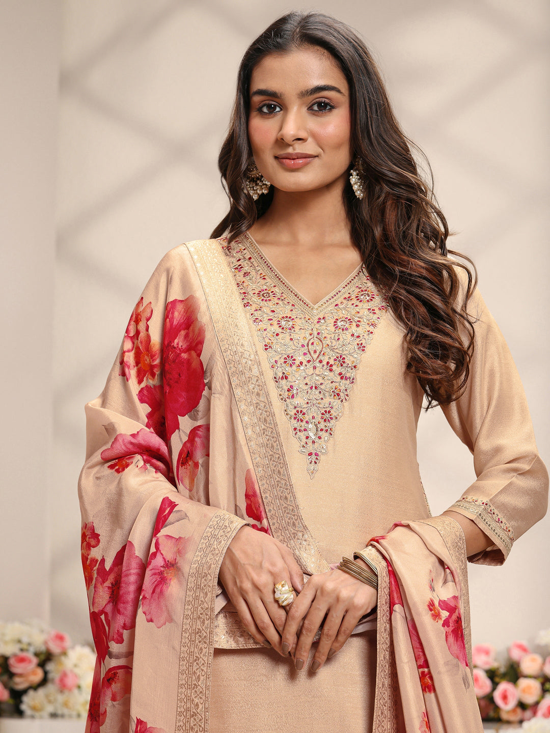  Beige Embroidered Silk Blend Straight Suit Set With Printed Dupatta 