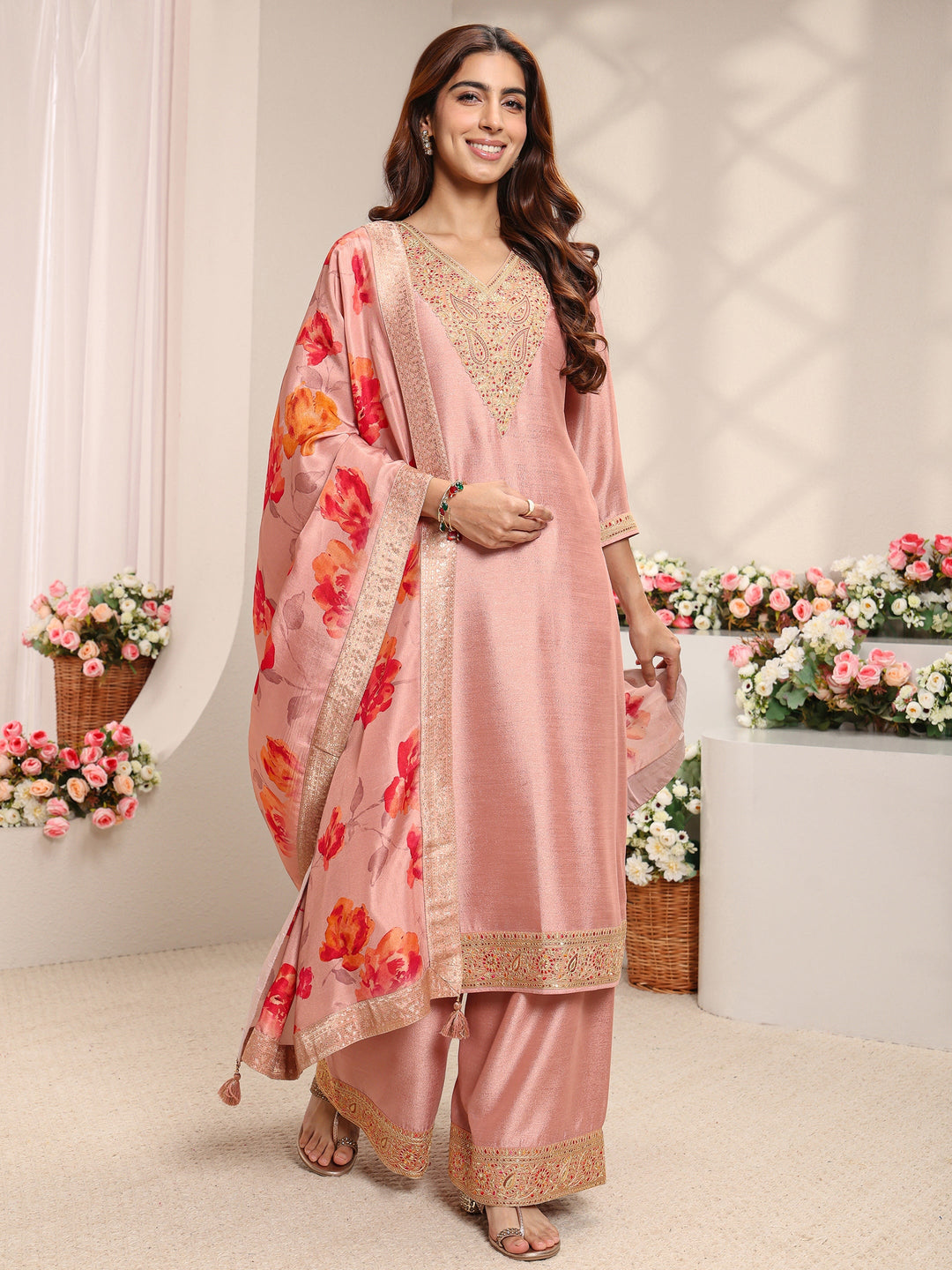  Peach Embroidered Silk Blend Straight Suit Set With Printed Dupatta 