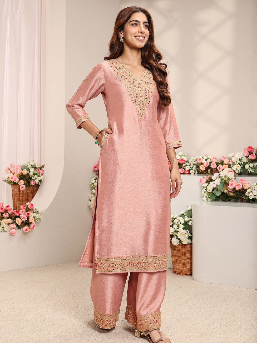  Peach Embroidered Silk Blend Straight Suit Set With Printed Dupatta 