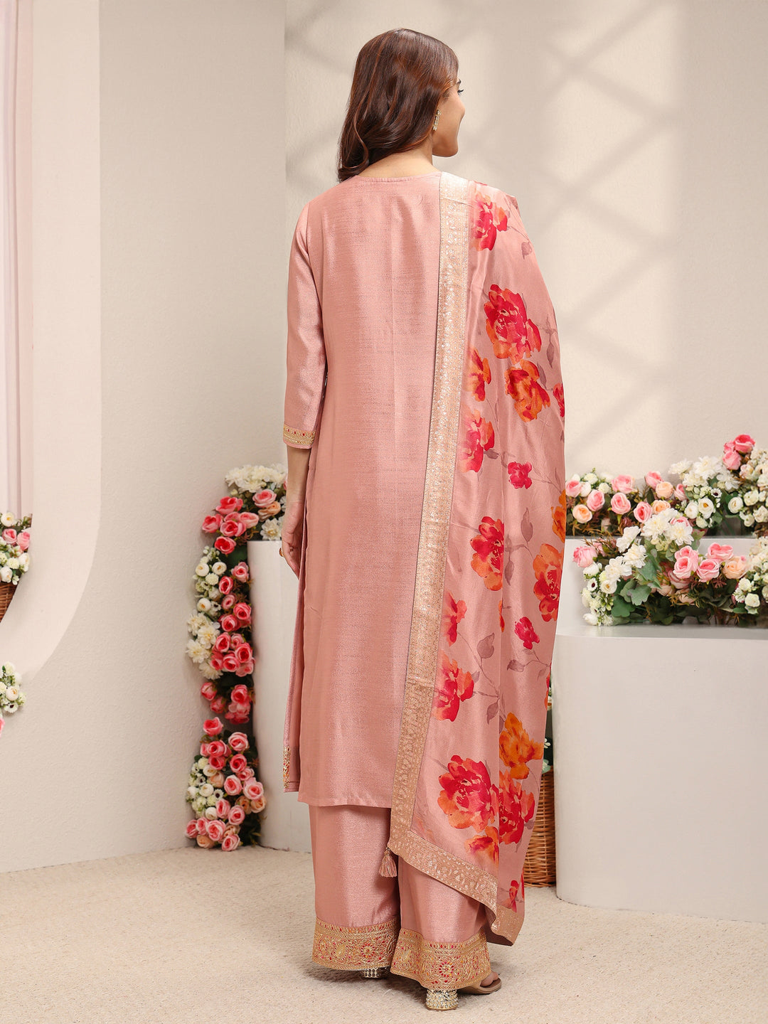  Peach Embroidered Silk Blend Straight Suit Set With Printed Dupatta 
