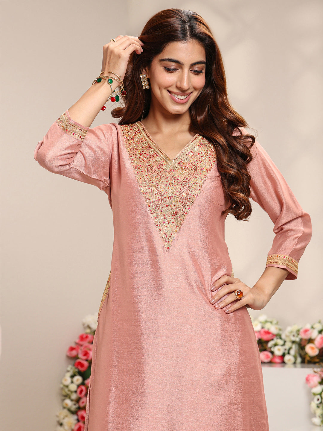  Peach Embroidered Silk Blend Straight Suit Set With Printed Dupatta 