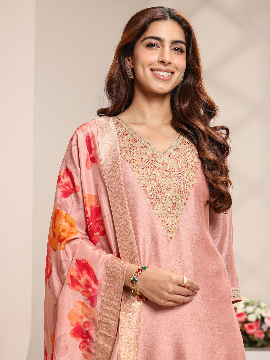  Peach Embroidered Silk Blend Straight Suit Set With Printed Dupatta 