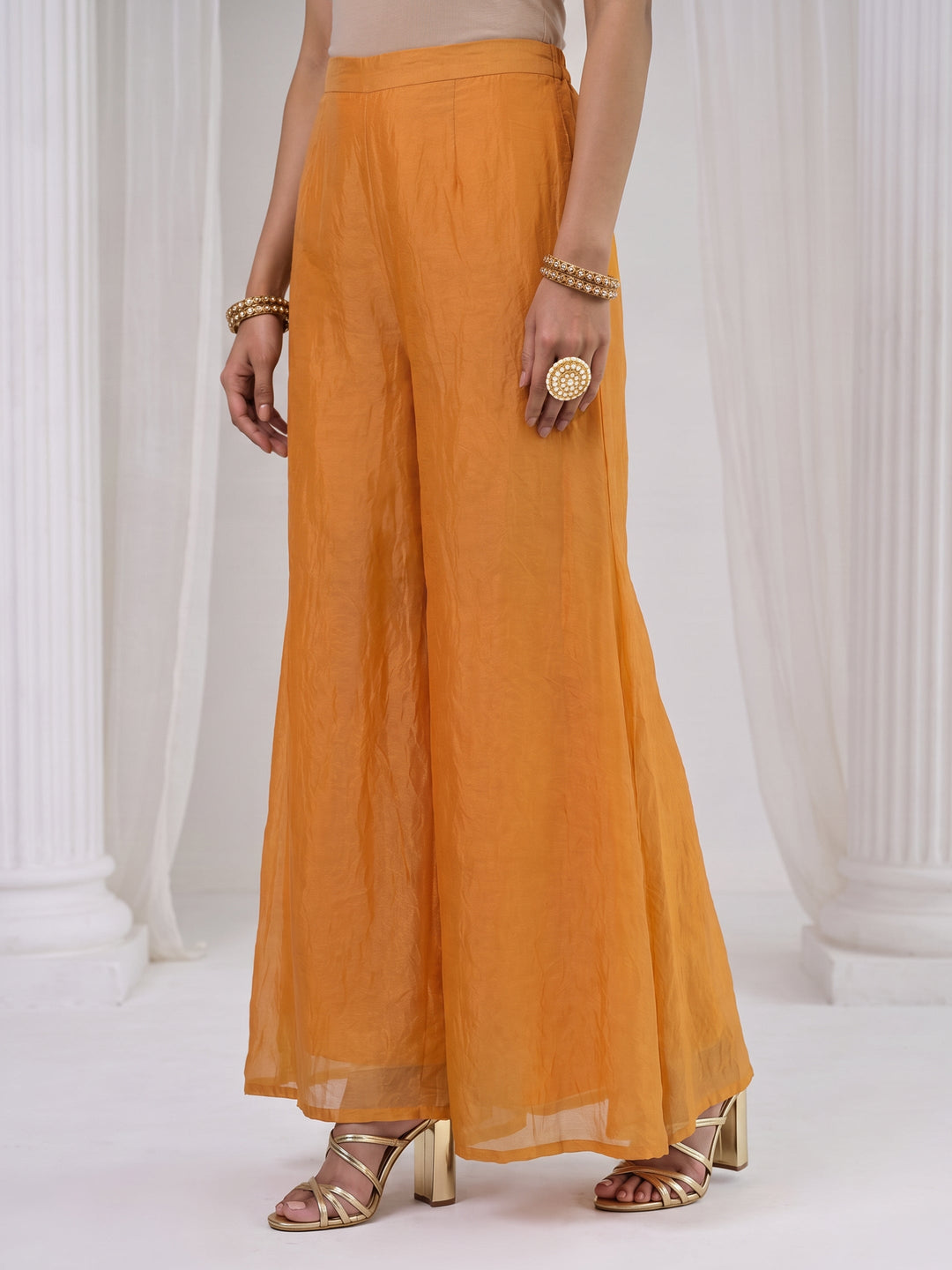  Libas Orange Floral Embellished Tissue Palazzo Suit Set 