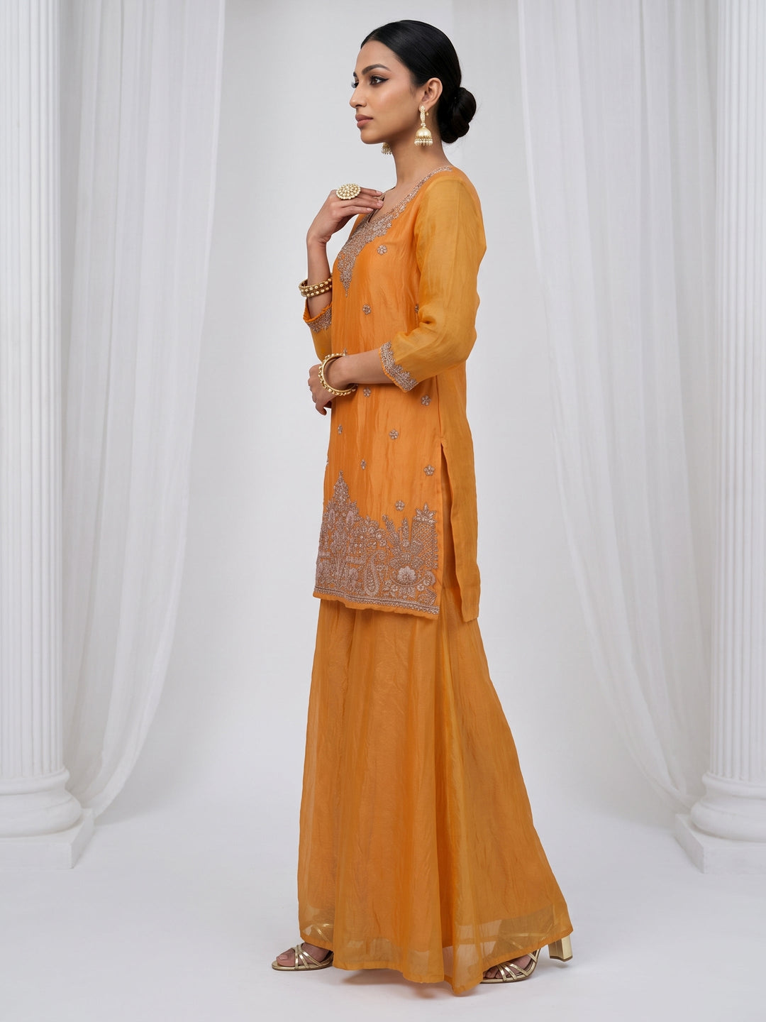  Libas Orange Floral Embellished Tissue Palazzo Suit Set 