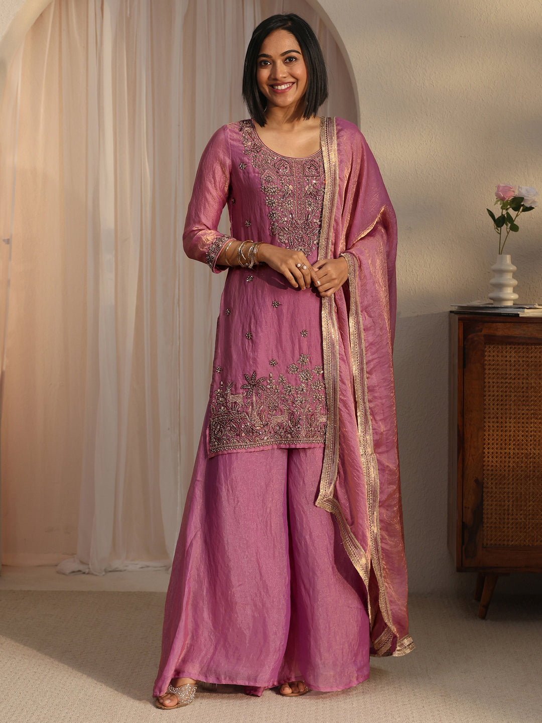  Libas Lavender Floral Embellished Tissue Palazzo Suit Set 
