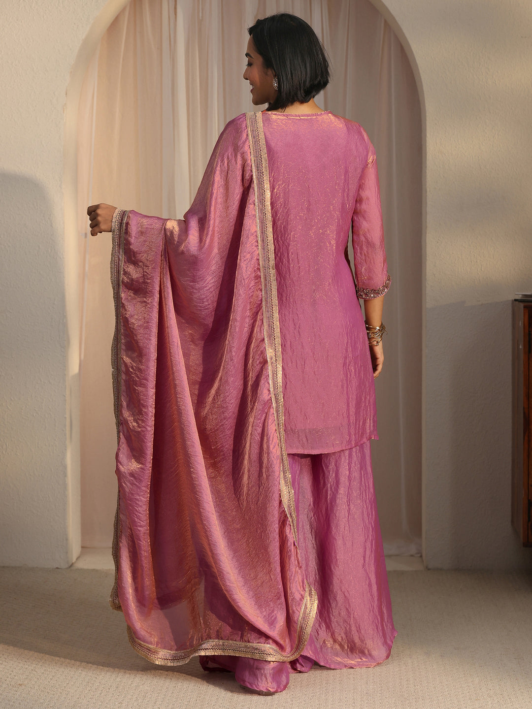  Libas Lavender Floral Embellished Tissue Palazzo Suit Set 