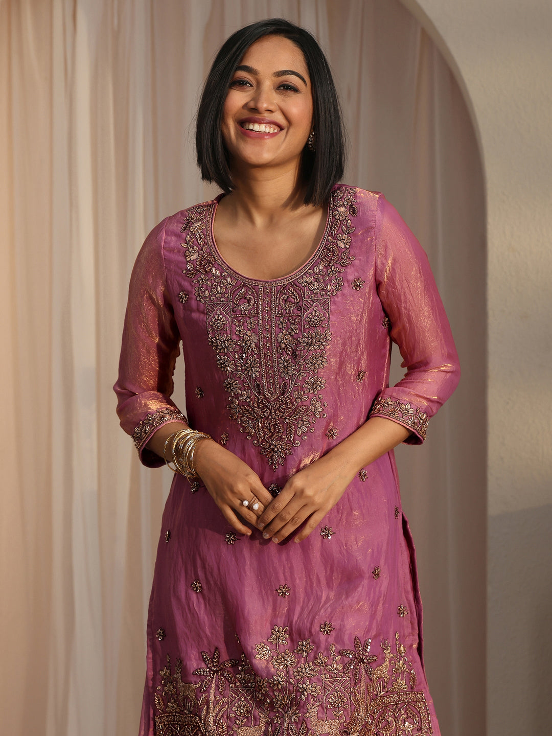  Libas Lavender Floral Embellished Tissue Palazzo Suit Set 