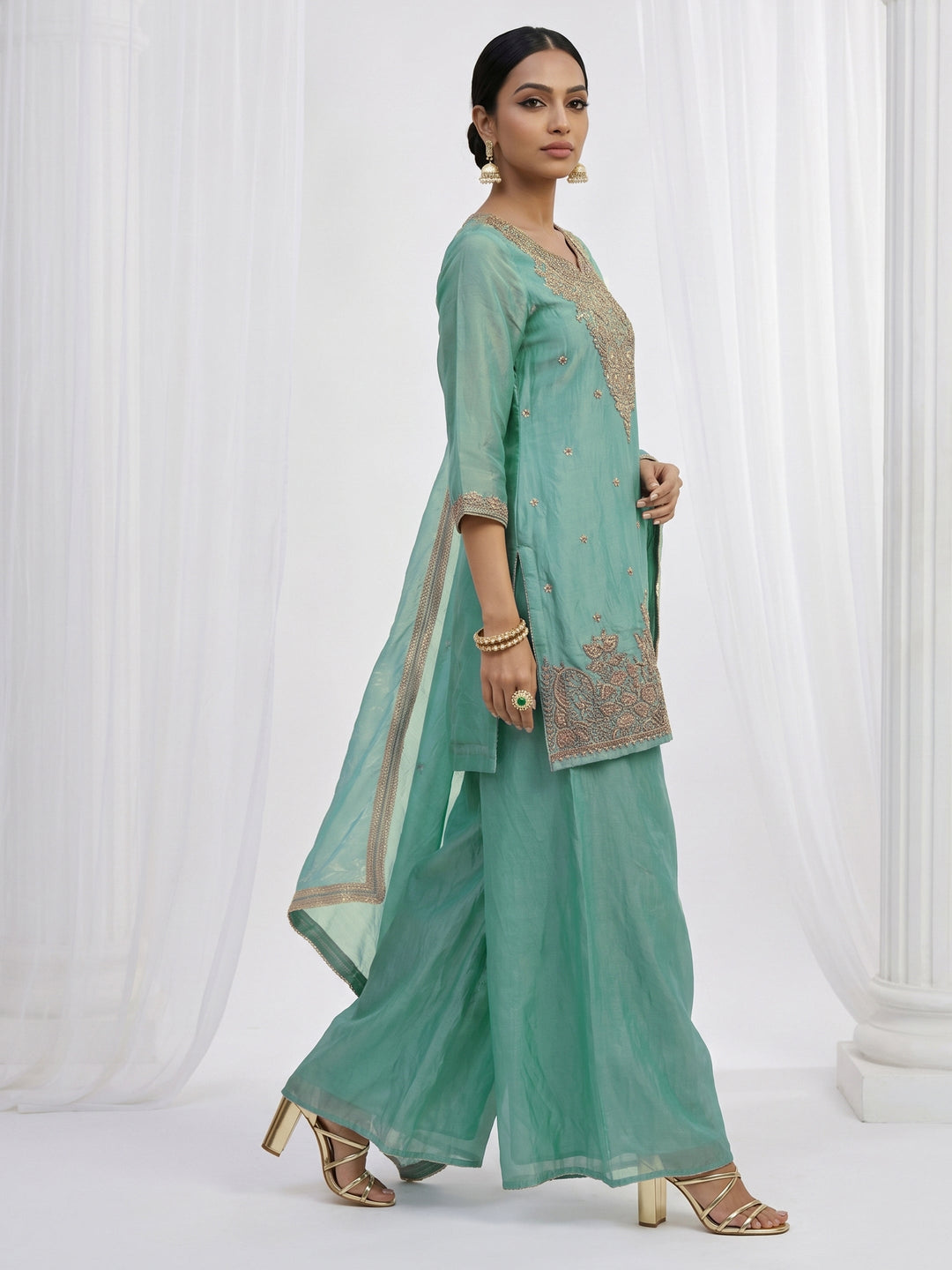 Libas Aqua Blue Floral Embellished Tissue Palazzo Suit Set 