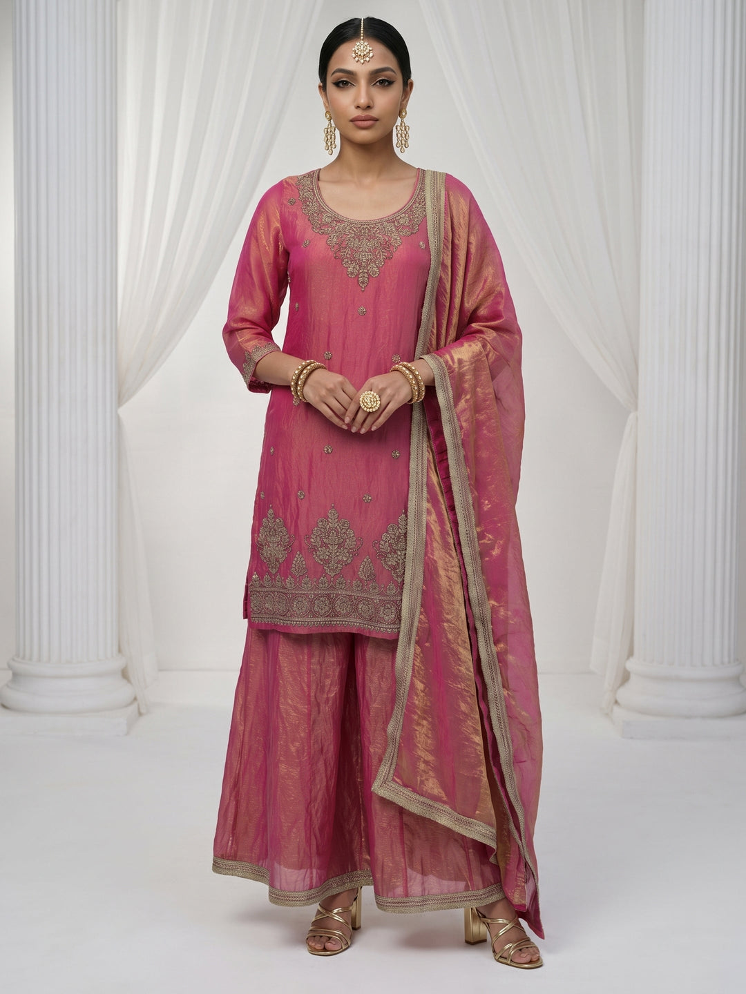  Libas Rose Pink Floral Embellished Tissue Palazzo Suit Set 