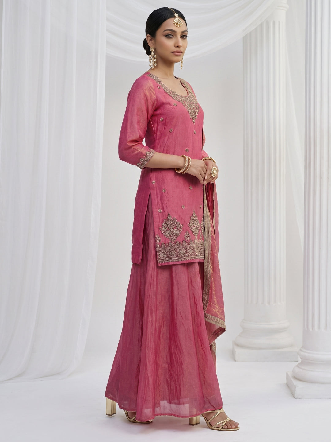  Libas Rose Pink Floral Embellished Tissue Palazzo Suit Set 