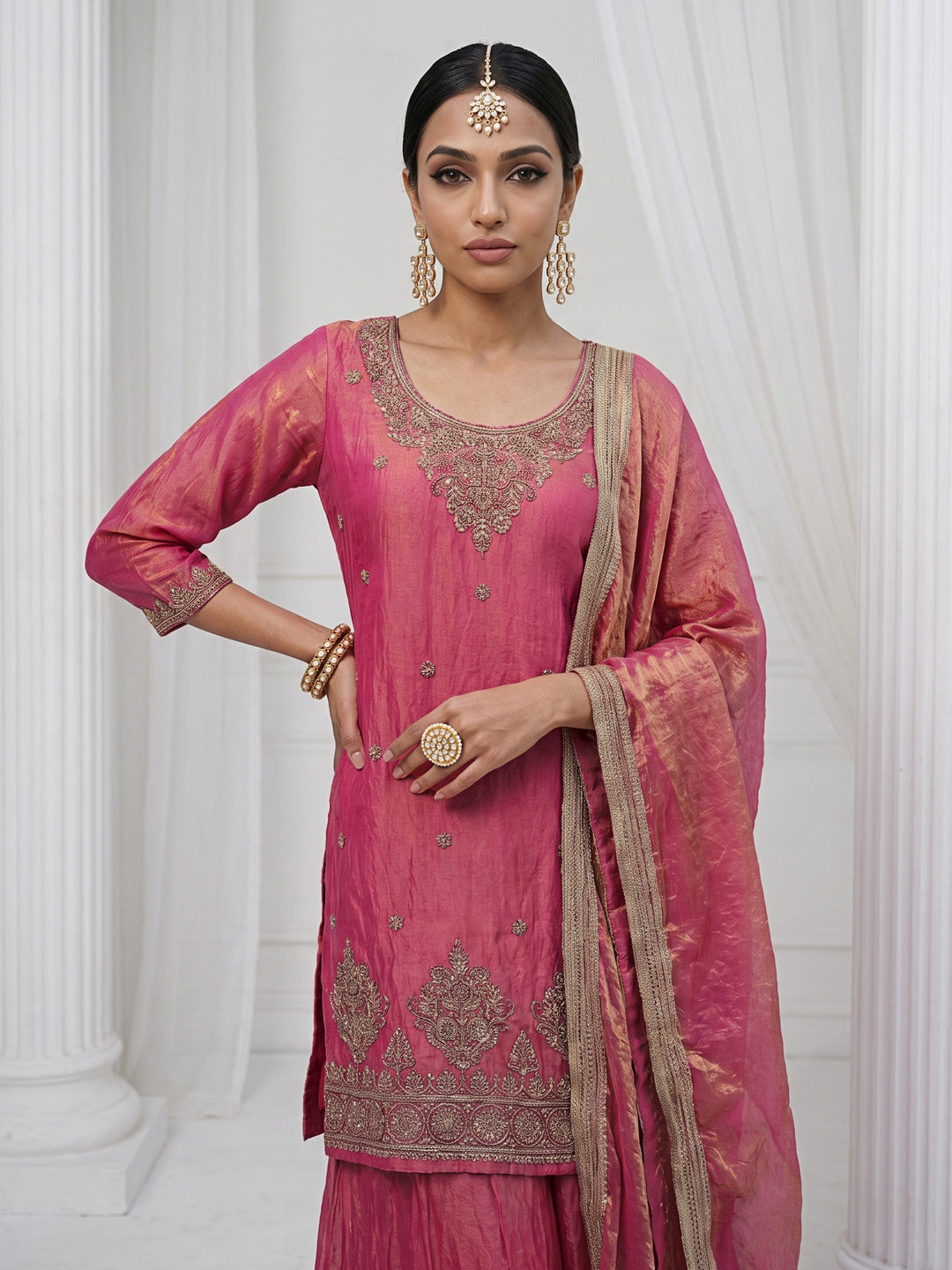  Libas Rose Pink Floral Embellished Tissue Palazzo Suit Set 