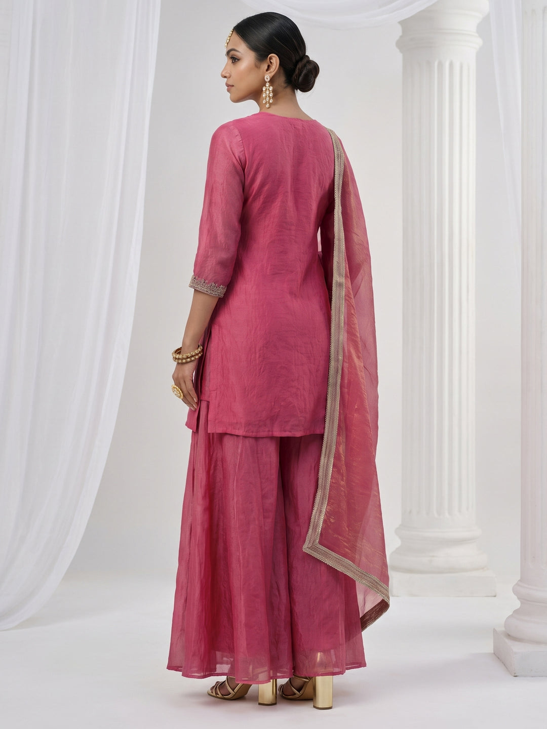  Libas Rose Pink Floral Embellished Tissue Palazzo Suit Set 