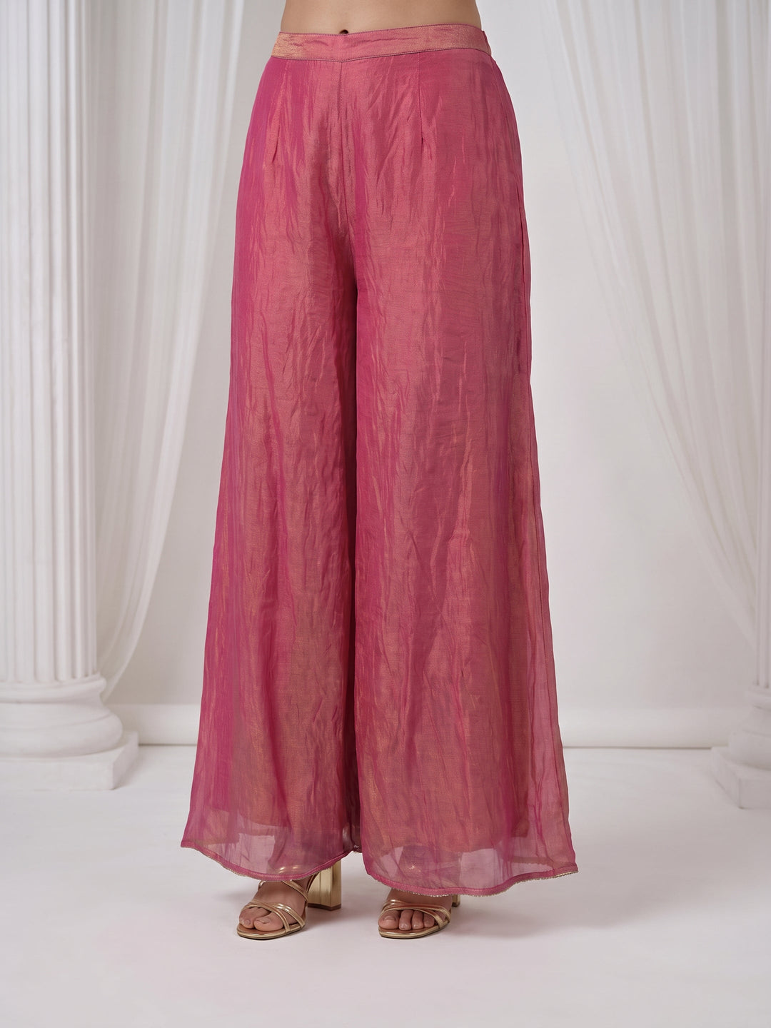  Libas Rose Pink Floral Embellished Tissue Palazzo Suit Set 