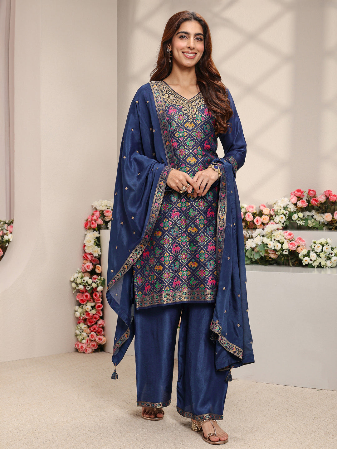  Libas Art Blue Patola Woven Design Silk Blend Straight Suit Set With Dupatta 