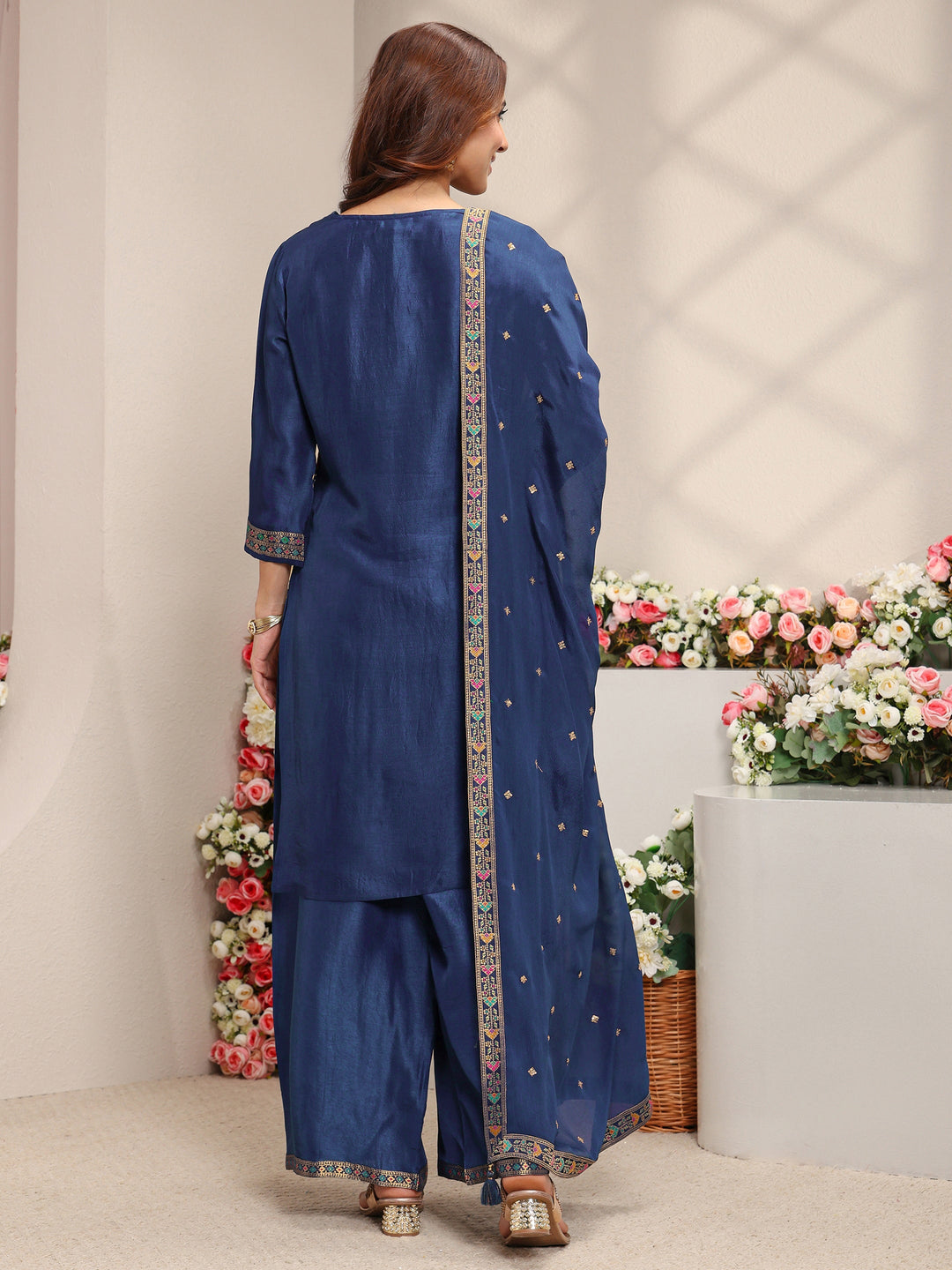  Libas Art Blue Patola Woven Design Silk Blend Straight Suit Set With Dupatta 