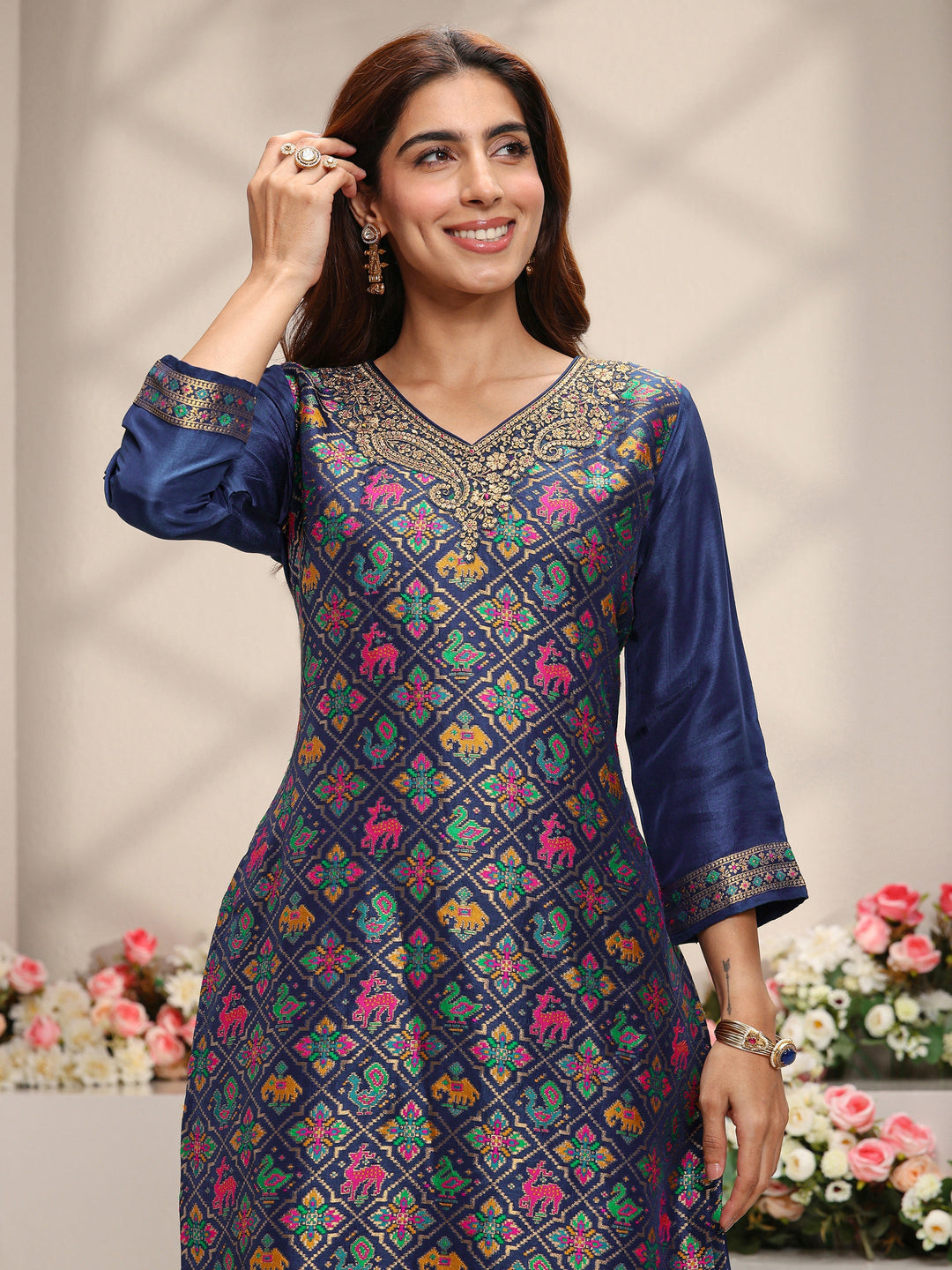  Libas Art Blue Patola Woven Design Silk Blend Straight Suit Set With Dupatta 