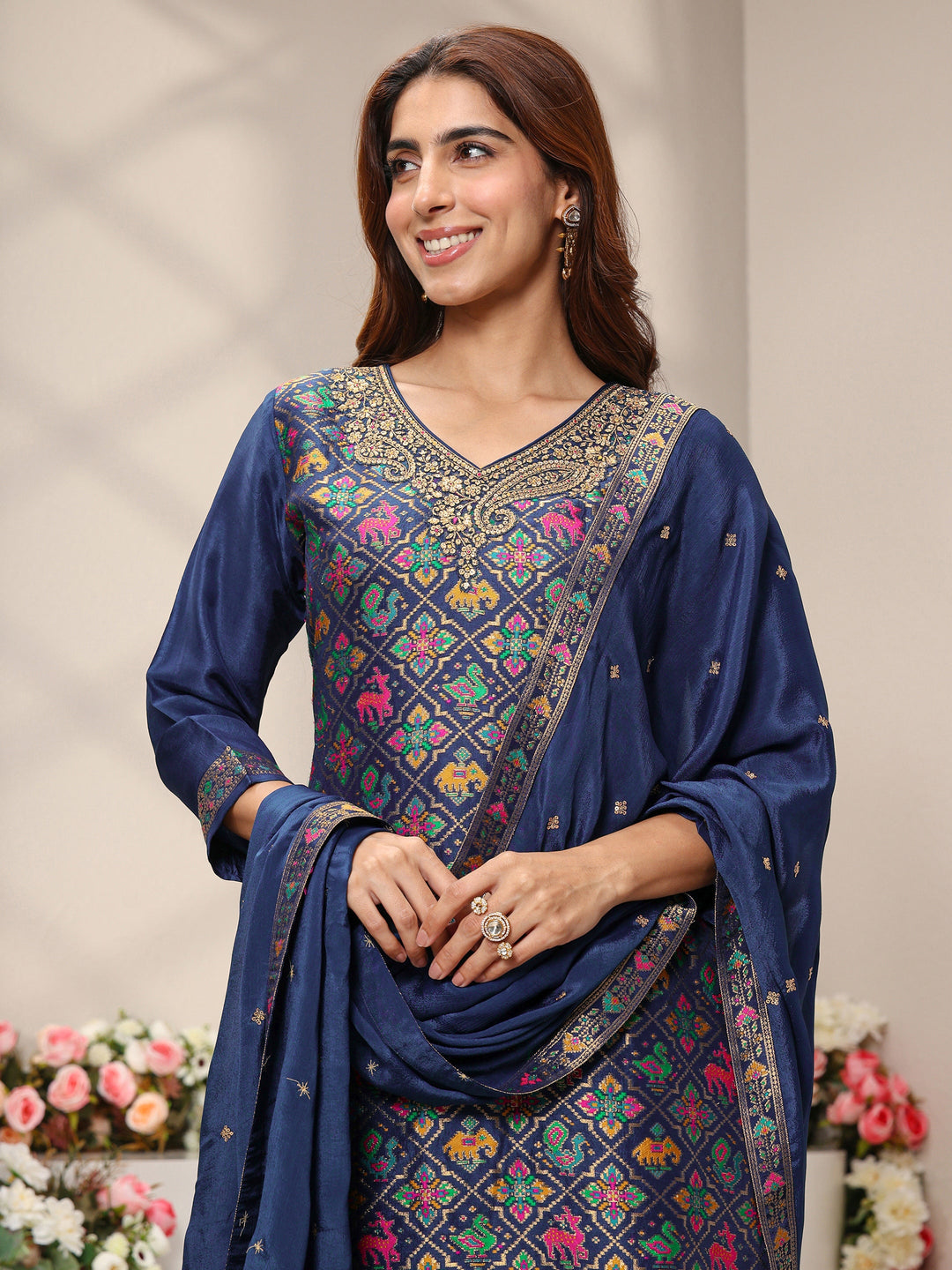  Libas Art Blue Patola Woven Design Silk Blend Straight Suit Set With Dupatta 