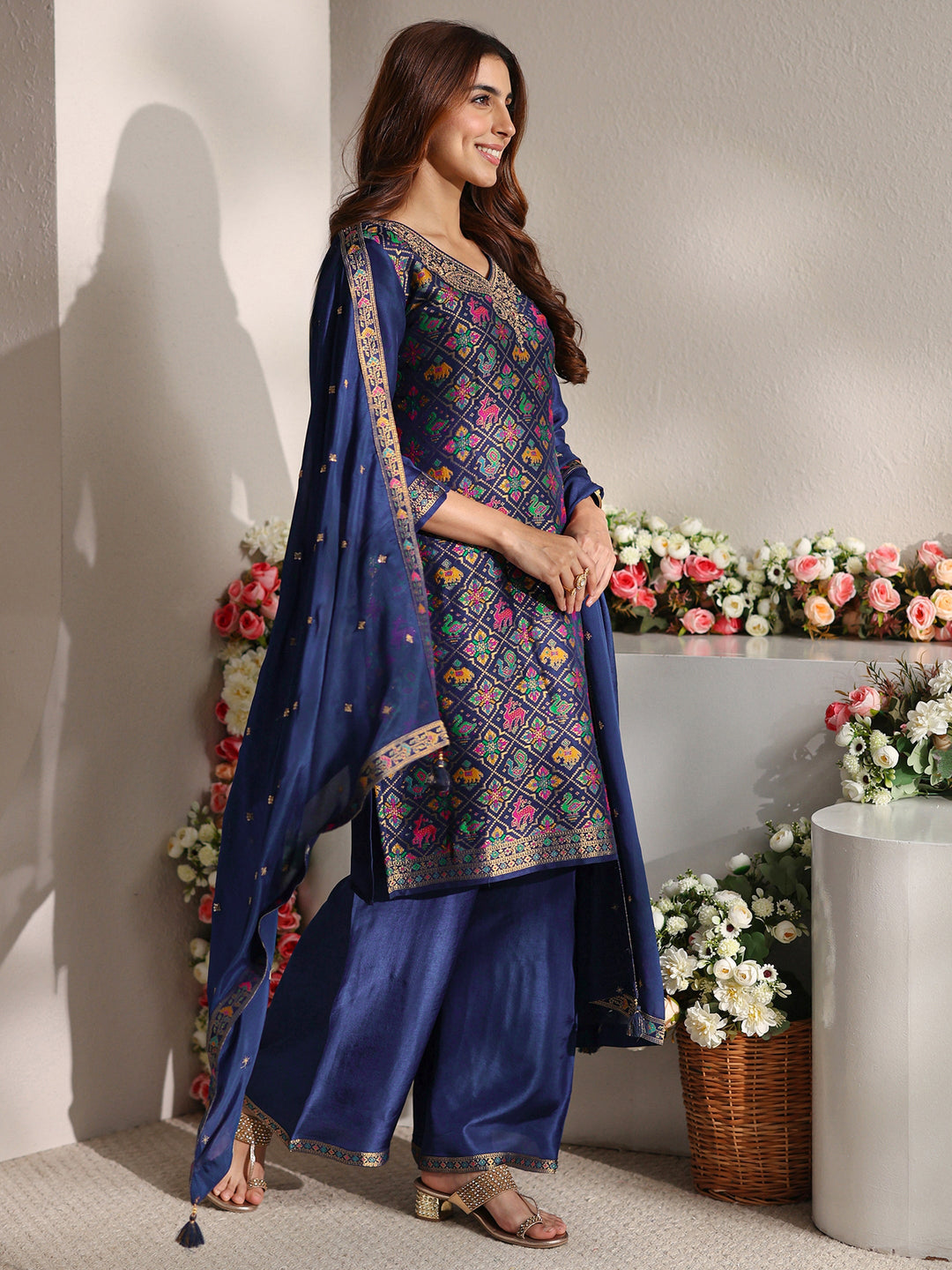  Libas Art Blue Patola Woven Design Silk Blend Straight Suit Set With Dupatta 