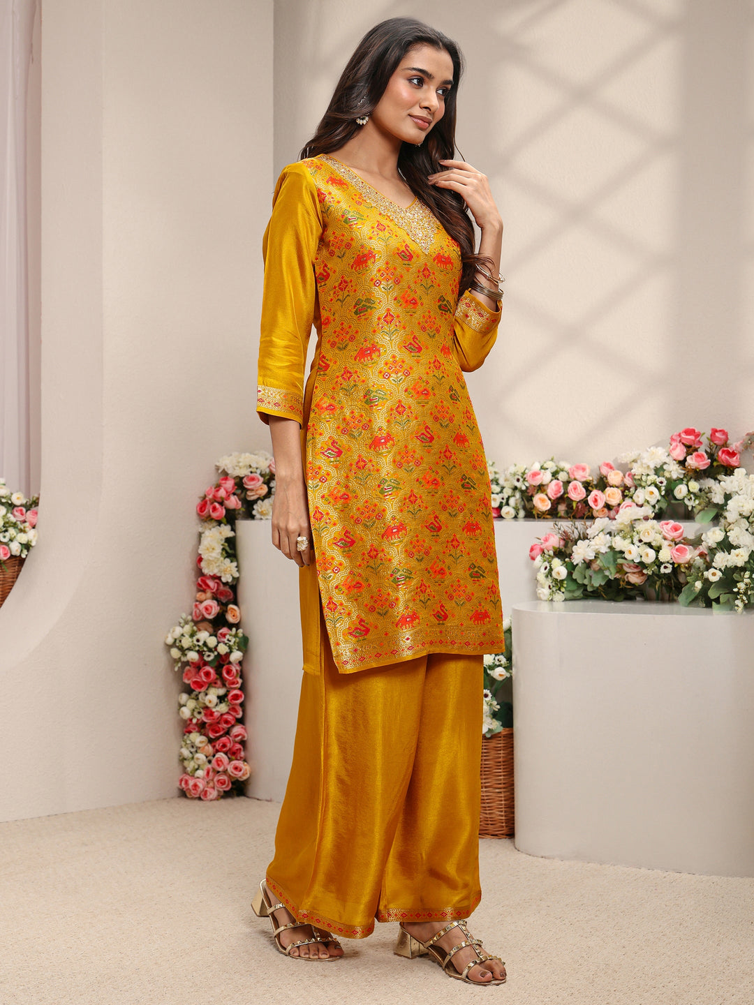  Libas Art Mustard Patola Woven Design Silk Blend Straight Suit Set With Dupatta 