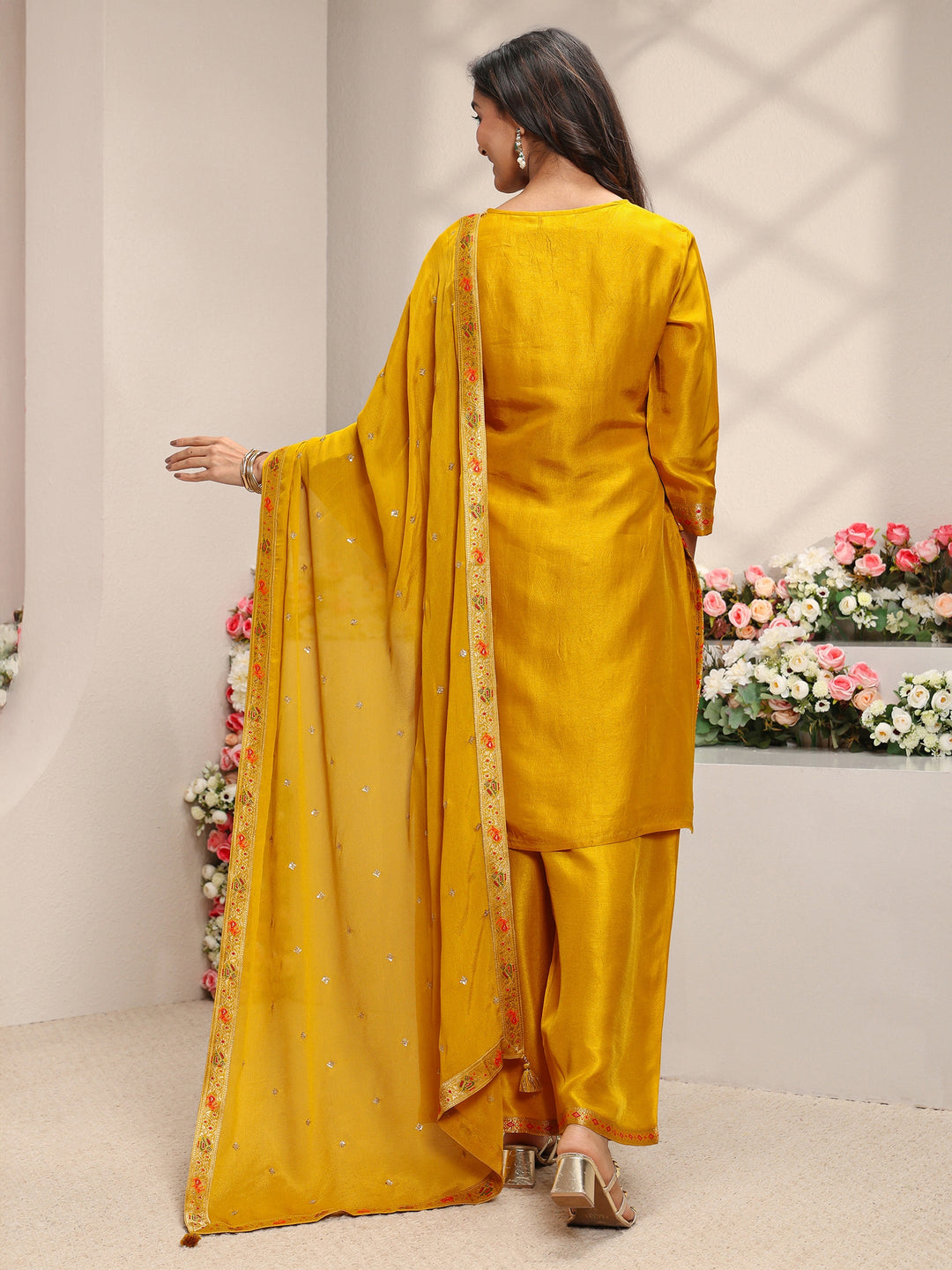  Libas Art Mustard Patola Woven Design Silk Blend Straight Suit Set With Dupatta 