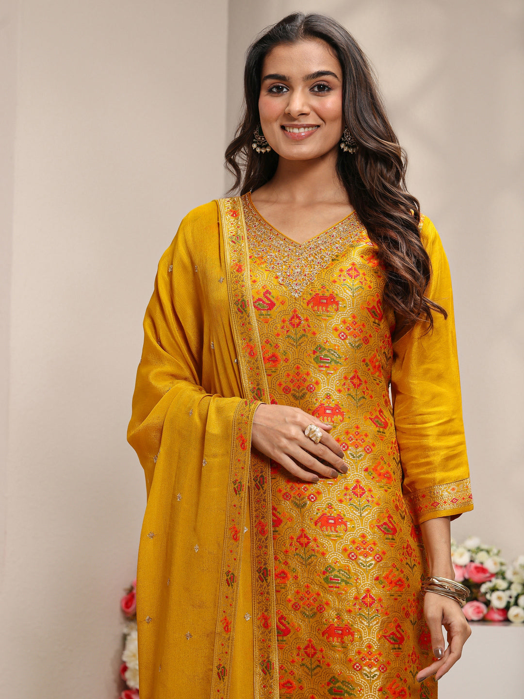  Libas Art Mustard Patola Woven Design Silk Blend Straight Suit Set With Dupatta 