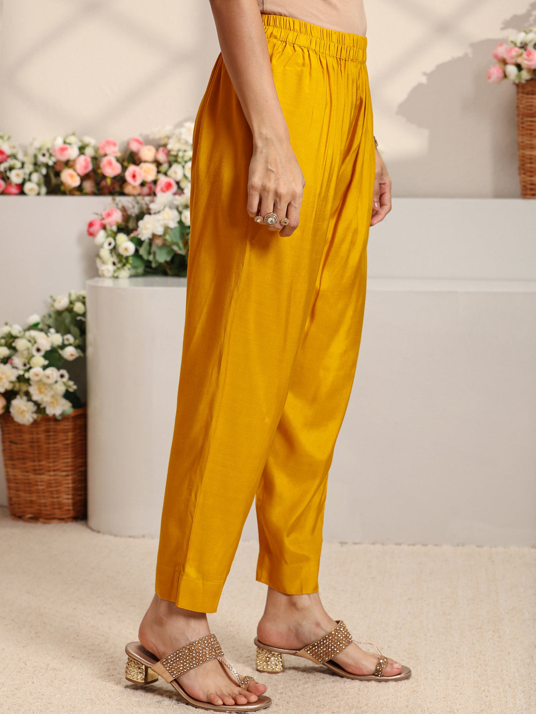  Libas Art Mustard Patola Woven Design Silk Blend Straight Suit Set With Dupatta 