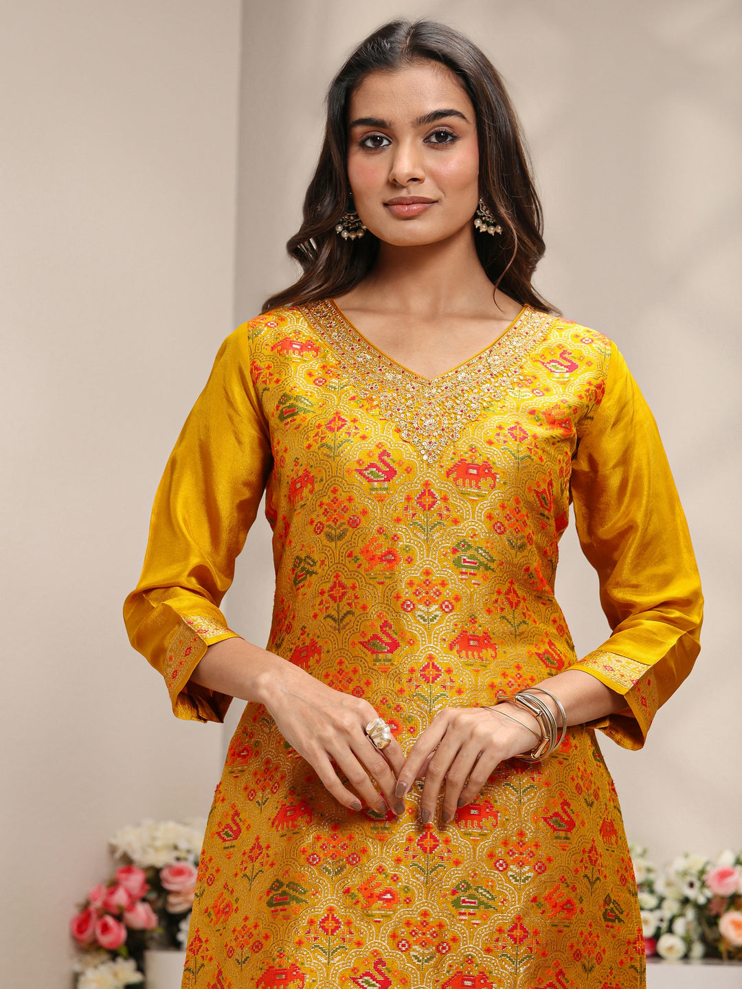  Libas Art Mustard Patola Woven Design Silk Blend Straight Suit Set With Dupatta 