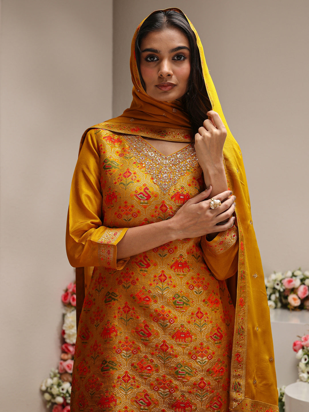  Libas Art Mustard Patola Woven Design Silk Blend Straight Suit Set With Dupatta 