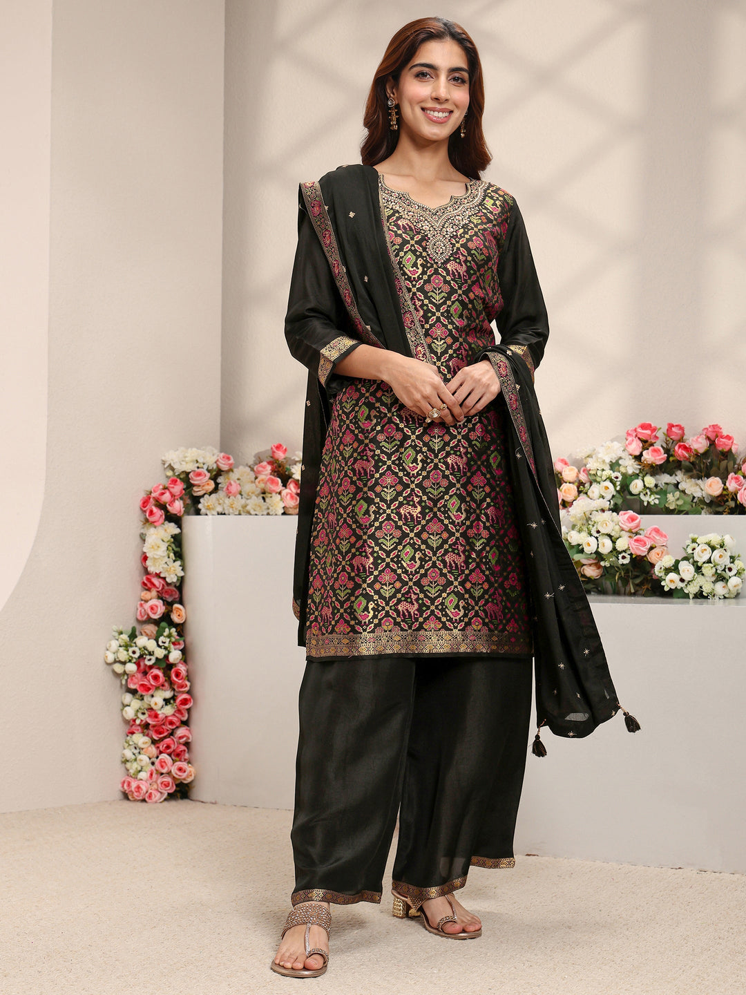 Libas Art Black Patola Woven Design Silk Blend Straight Suit Set With Dupatta 