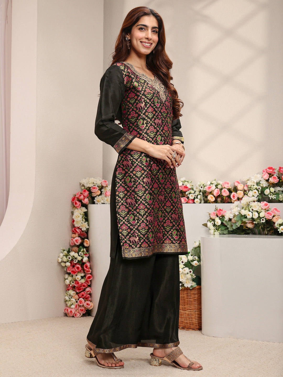  Libas Art Black Patola Woven Design Silk Blend Straight Suit Set With Dupatta 