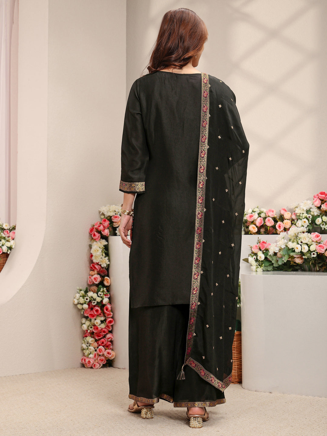  Libas Art Black Patola Woven Design Silk Blend Straight Suit Set With Dupatta 