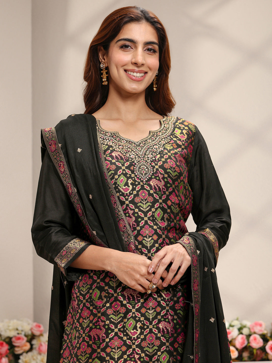  Libas Art Black Patola Woven Design Silk Blend Straight Suit Set With Dupatta 