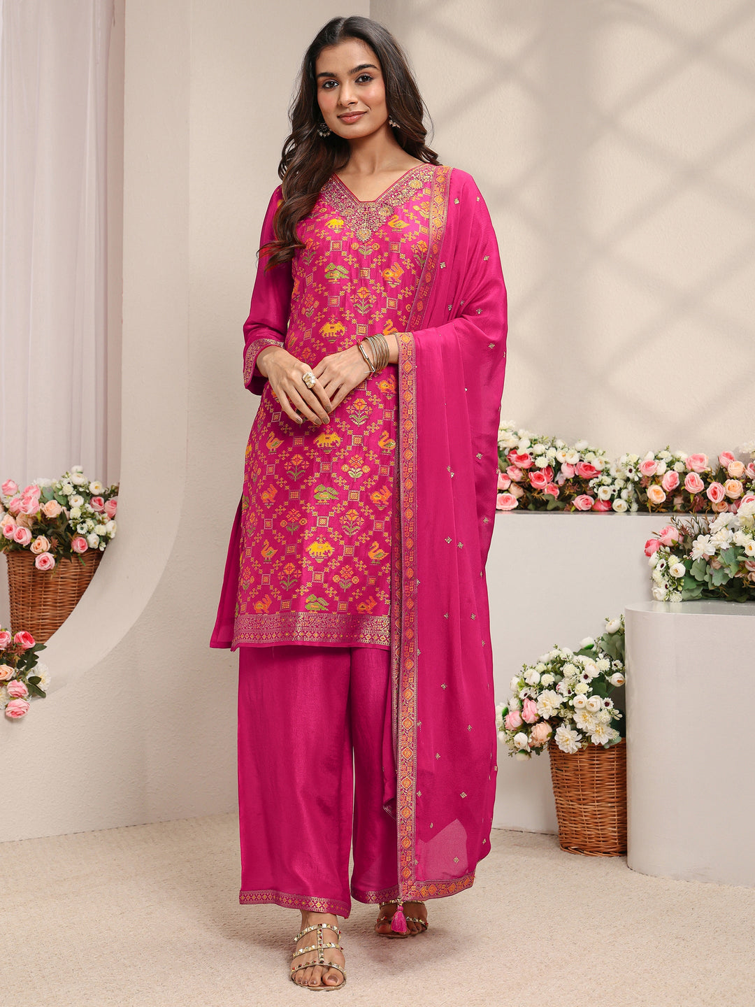  Libas Art Pink Patola Woven Design Silk Blend Straight Suit Set With Dupatta 