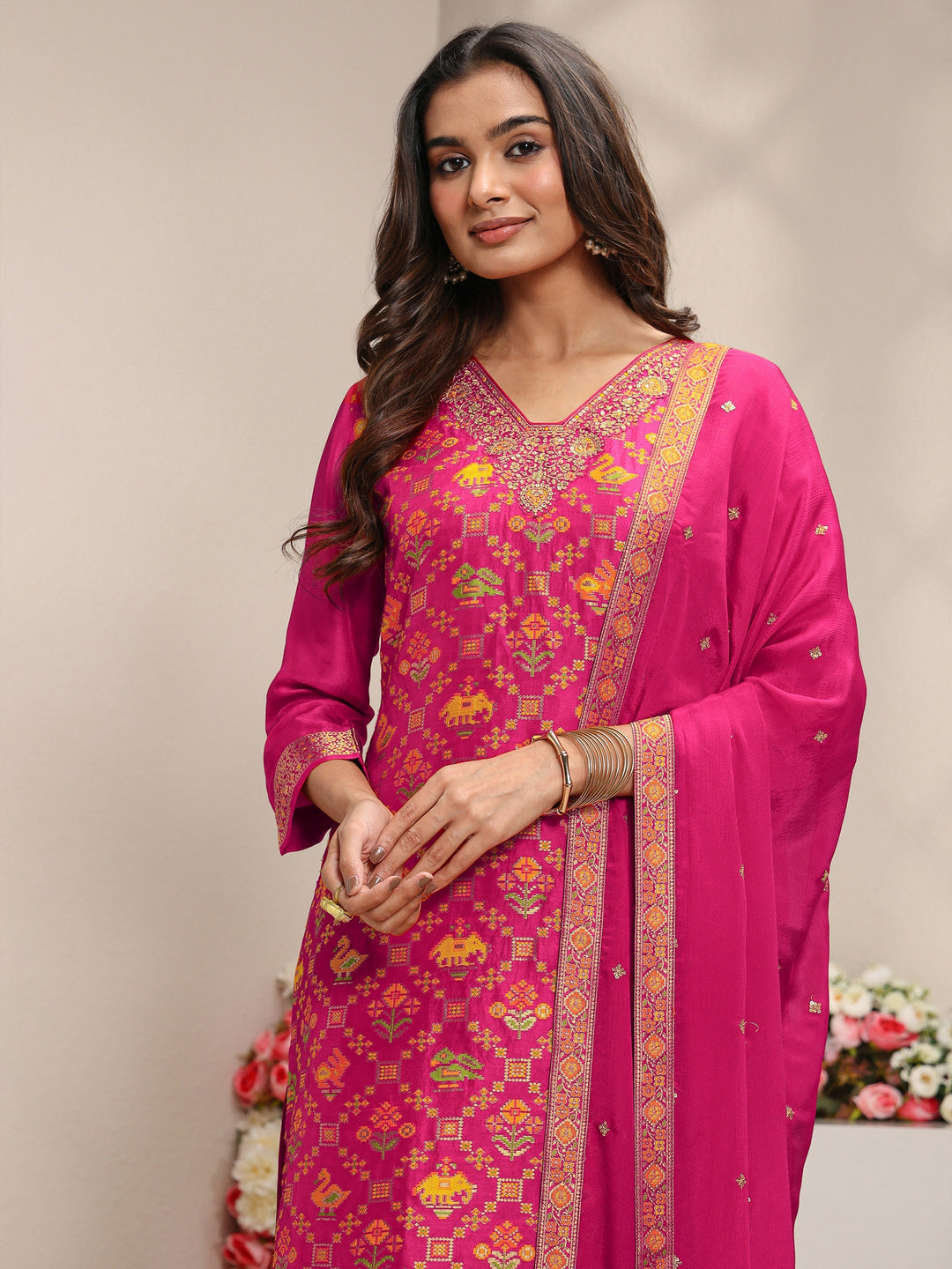  Libas Art Pink Patola Woven Design Silk Blend Straight Suit Set With Dupatta 