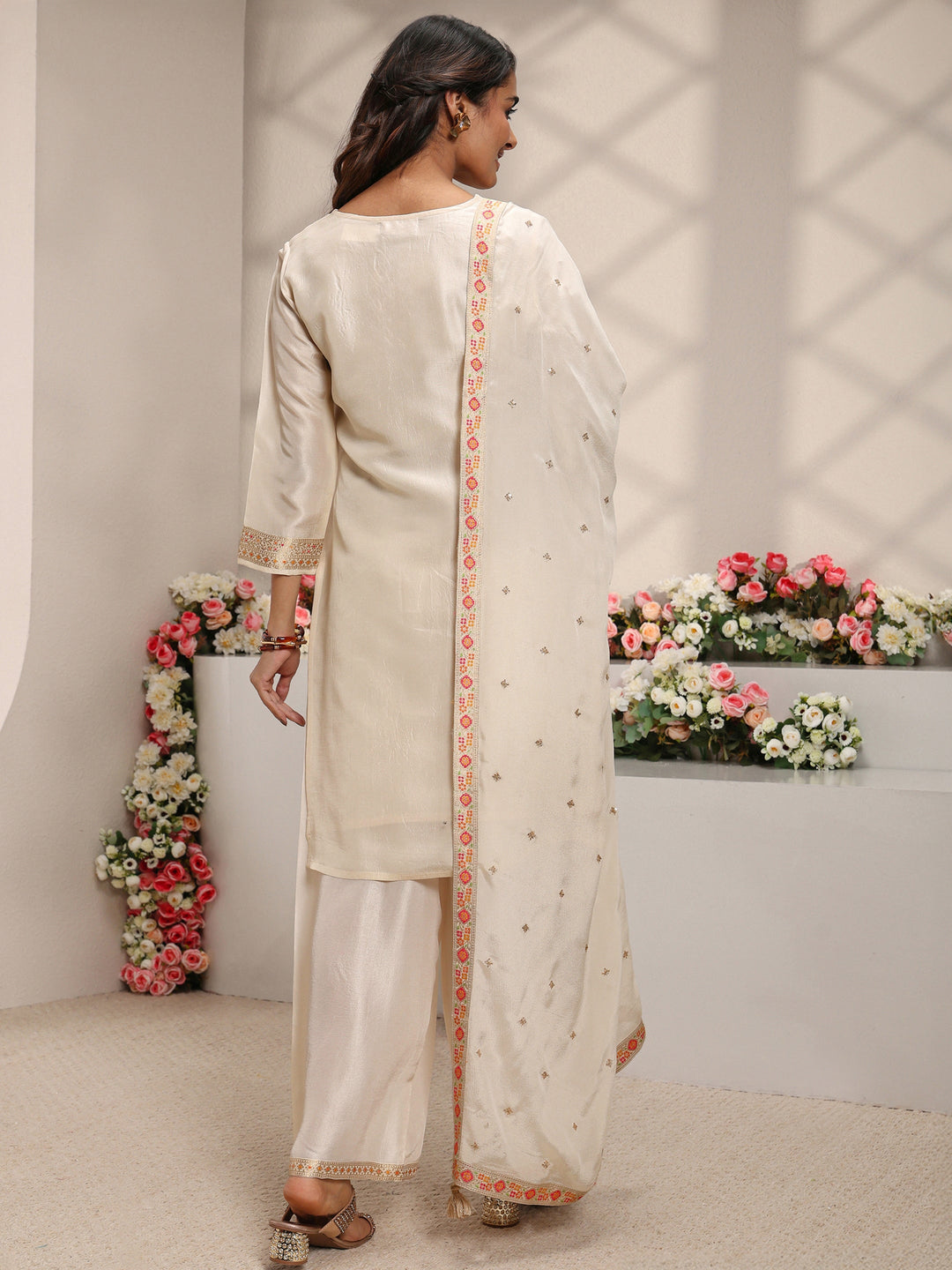  Libas Art Ivory Floral Woven Design Silk Blend Straight Suit Set With Dupatta 