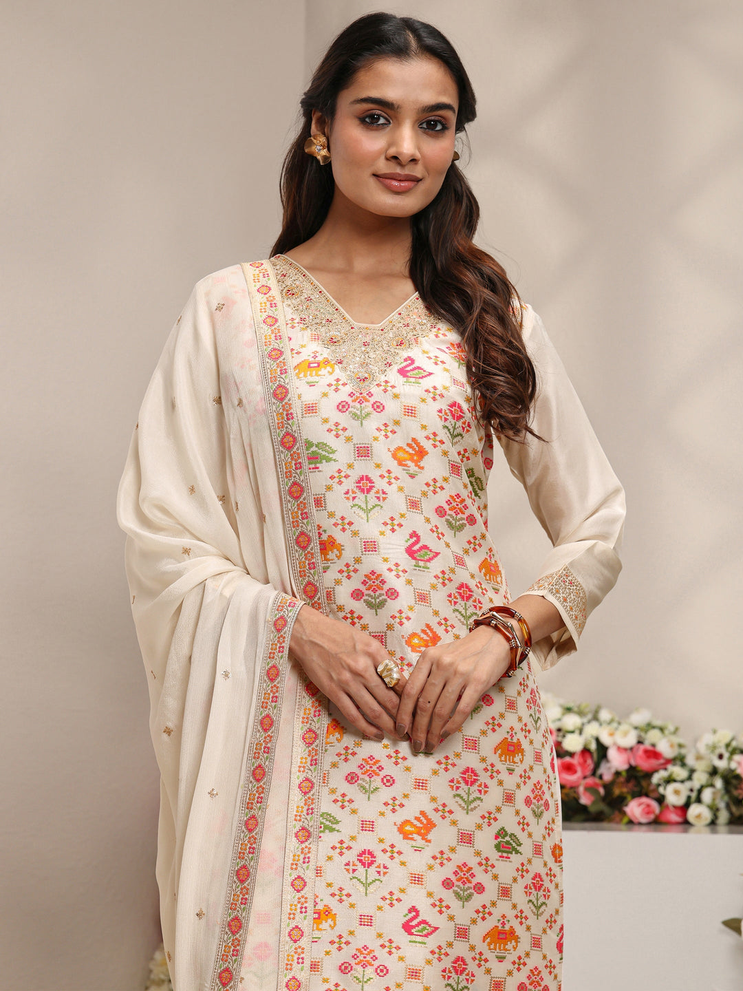  Libas Art Ivory Floral Woven Design Silk Blend Straight Suit Set With Dupatta 